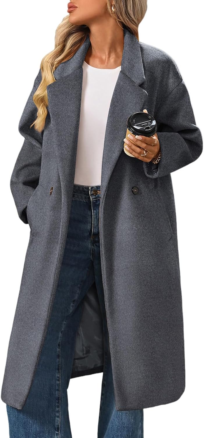 Women's Winter Wool Coat Double Breasted Long Sleeve Notch Lapel Oversized Long Peacoat