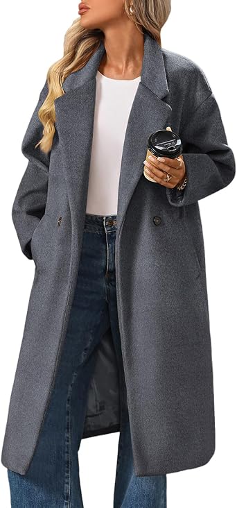 Womens Winter Wool Coat Double Breasted Long Sleeve Notch Lapel Oversized Long Peacoat