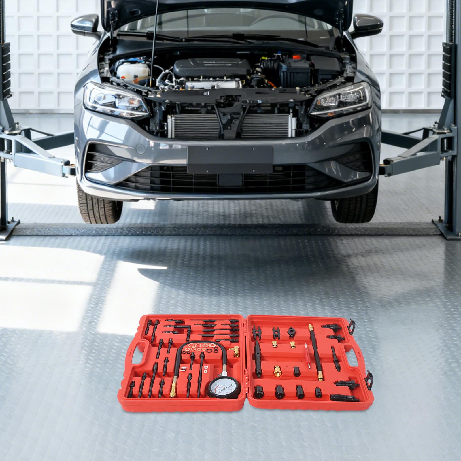 Juego de comprobación de compresión de 40 bares para motores de gasolina y diésel, juego de herramientas de prueba de compresión para coches y motocicletas (45 x 35 x 5 cm)
