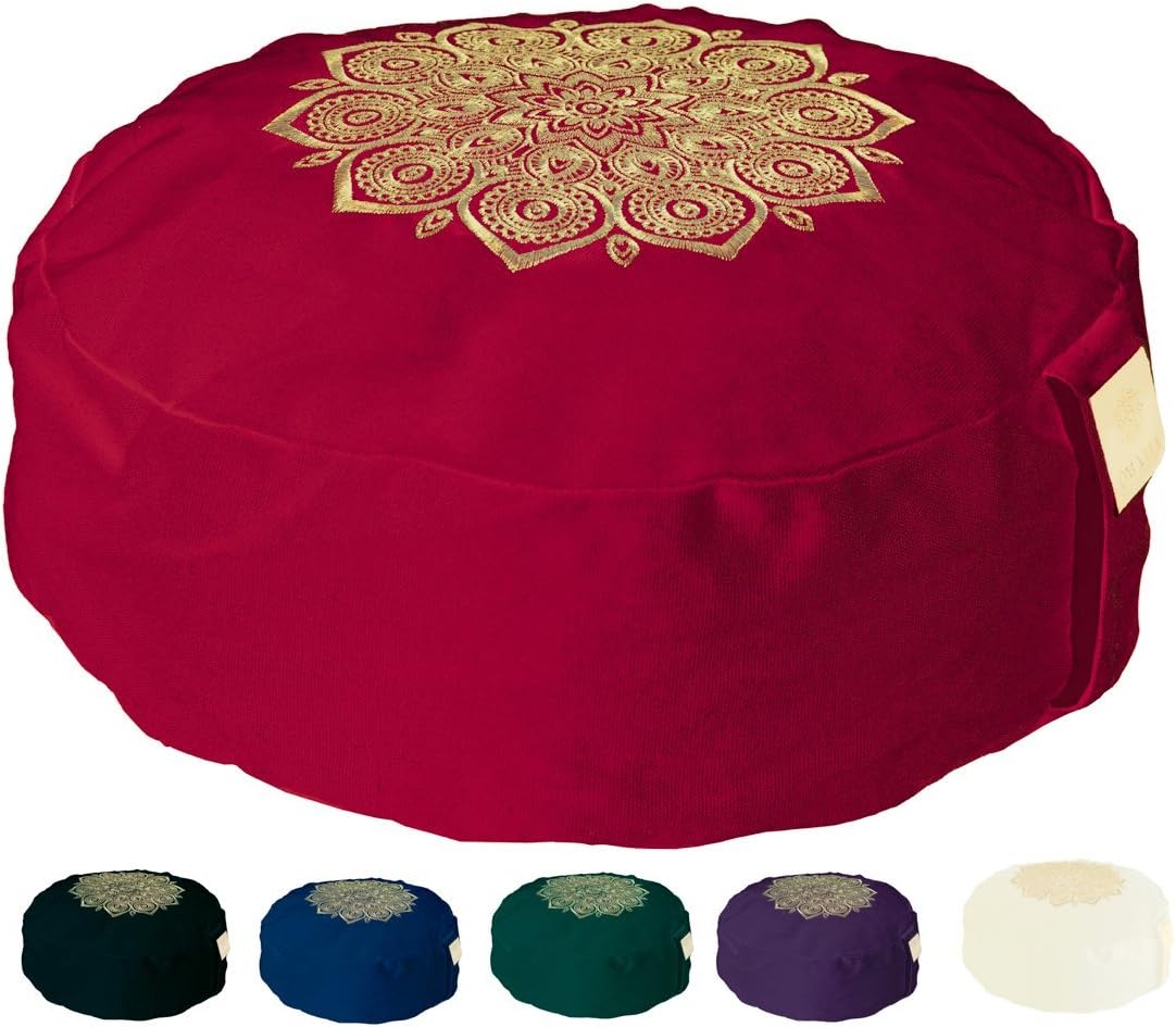 Zafu Yoga Meditation Cushion with Washable Cover with 100% Organic Buckwheat Fill and Hand Designed Mandala Applique (Red Stitched)