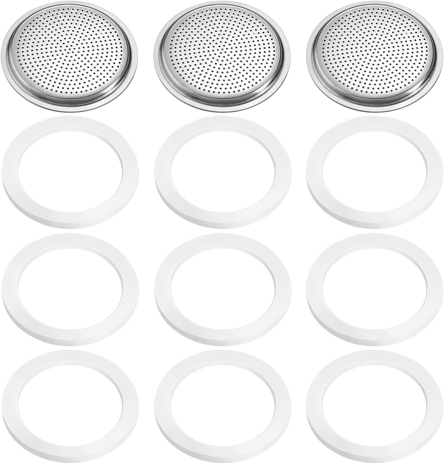 9 Pieces Silicone Gaskets and 3 Piece Stainless Filter Gasket Stainless Steel Gasket Replacement Compatible with 6 Cup Moka Express Replacement