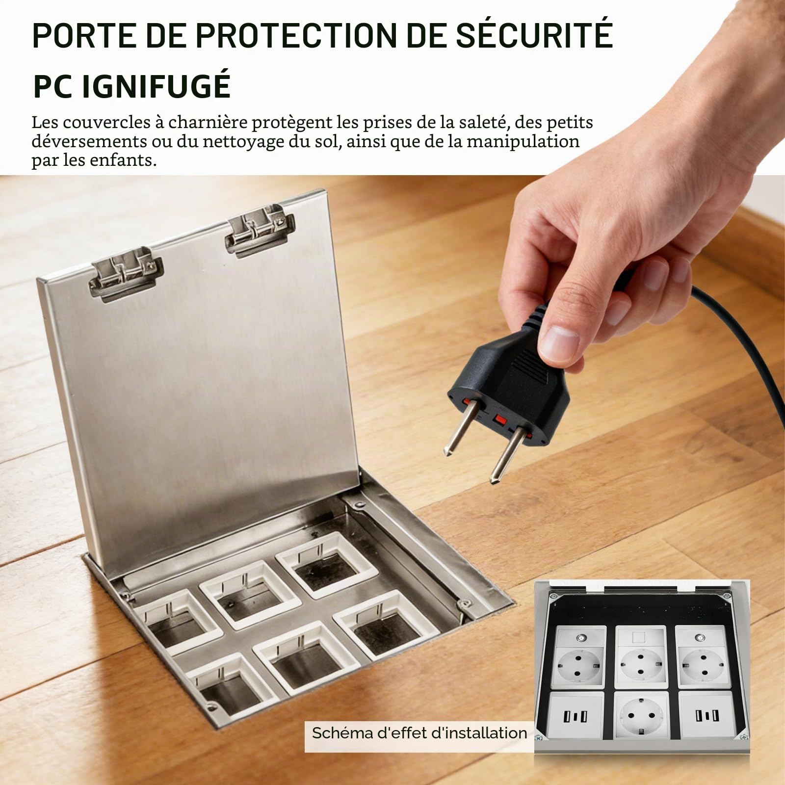 Prise de Sol en Acier Inoxydable, 4000W/16A Prise Encastrable étanche, Boîte de Prise Encastrée au Sol, Inserts Optionnels à Monter Soi-même,6 Compartiments, 200 * 200 mm