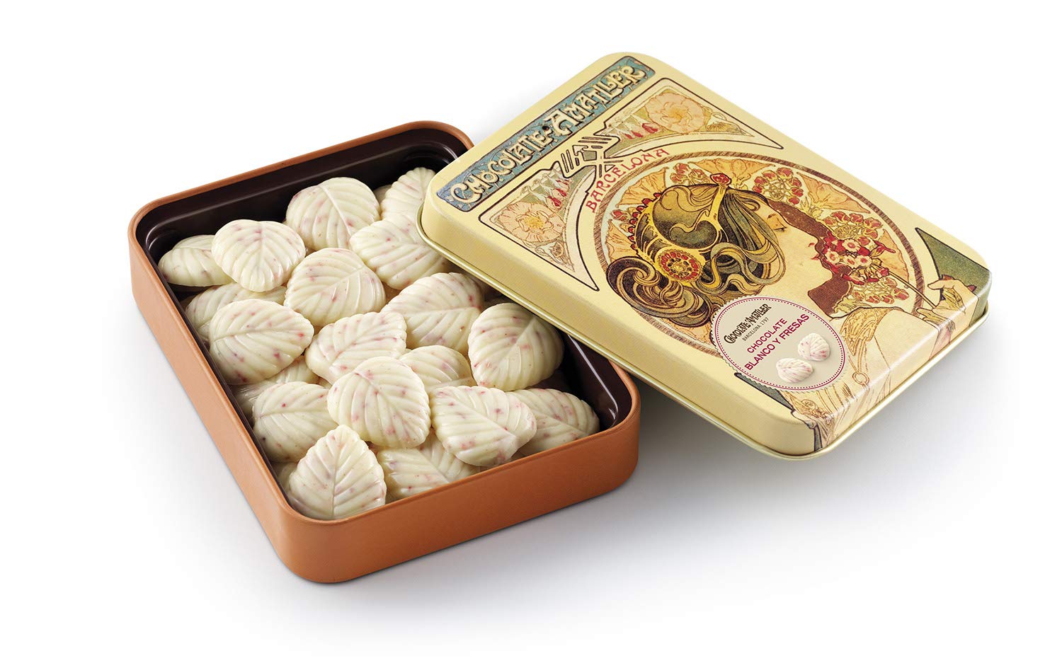 Chocolate Amatller - Hojas Chocolate blanco con Fresa en Caja Metálica - 6 unidades