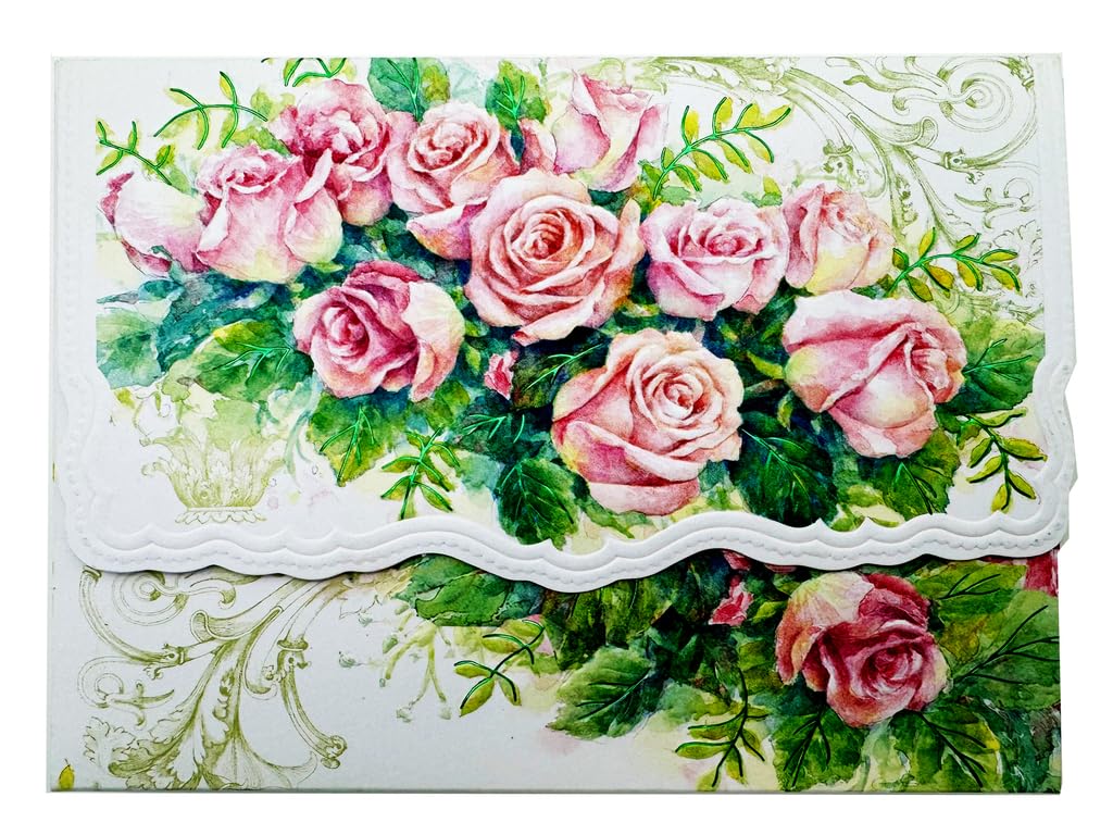 Set of 3 - Rose Cascade Portfolio Boxed Note Cards by Carol Wilson. 10 embossed 4x5 Die-Cut Notecards and Matching Envelopes in Decorative Gift Box with Magnetic Flap. NCP2429