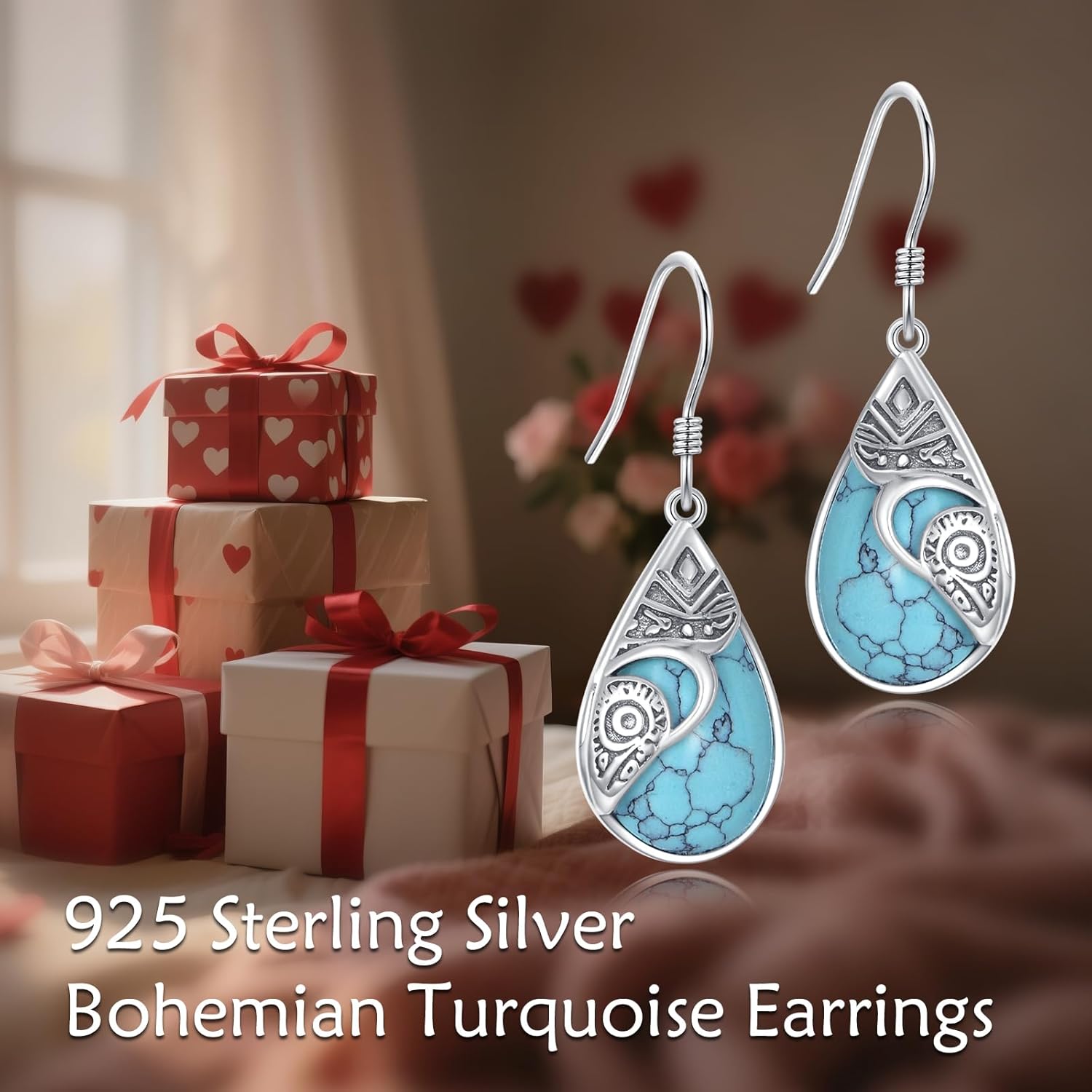 Bohemian Turquoise Earrings for Women - Oxidized 925 Sterling Silver Vintage Teardrop Dangle Jewelry - Image 5