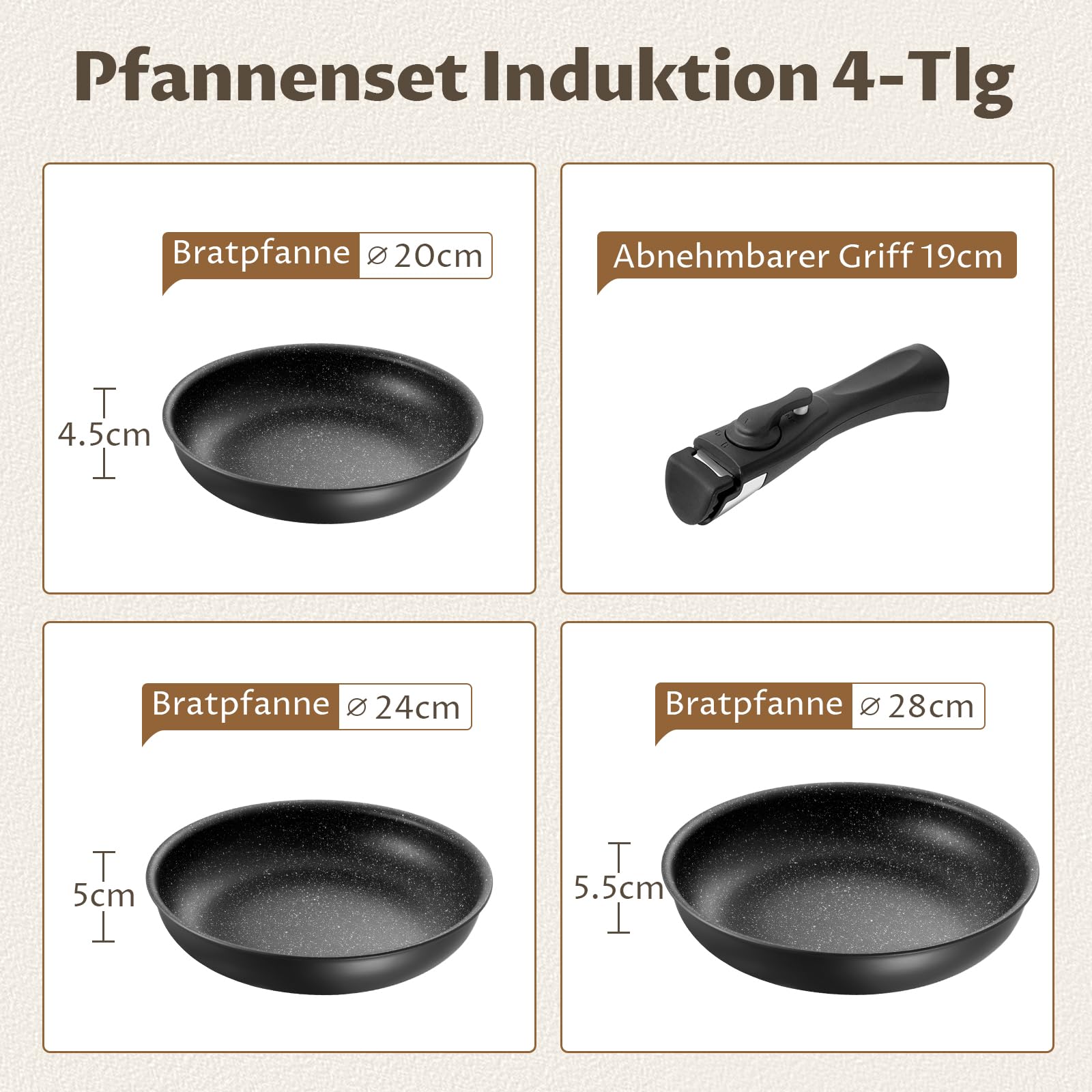 Fadware Pfannenset Induktion, Antihaftbeschichtete Bratpfanne 20, 24, 28 cm mit Abnehmbarem Griff für Kleine Küchen & Wohnmobile, Pfannen Set Stapelbar Platzsparend, für Alle Herdarten, Backofenfest