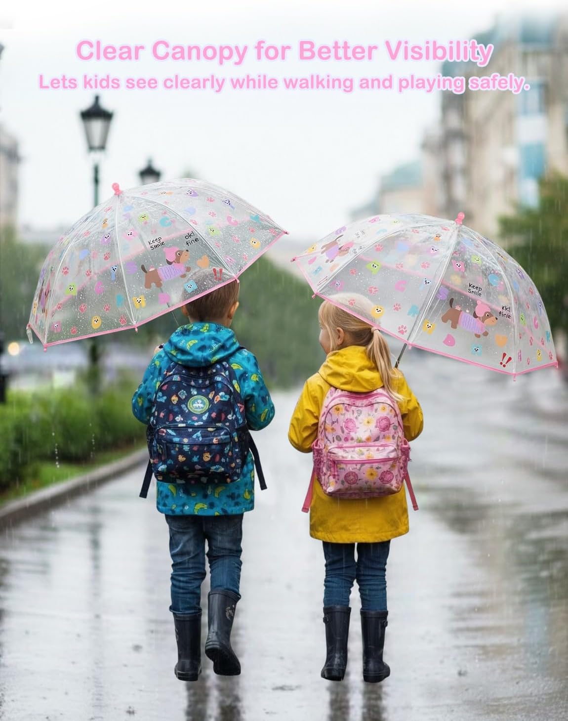Kids Clear Umbrella-Thick POE Transparent Canopy, J-Handle, Jellyfish/Apollo Design, Large 78cm, Cute Rain Umbrella for Toddlers & Children