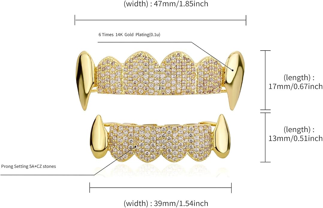Grillz para dientes chapados en oro 14K, 12 piezas miniatura 3