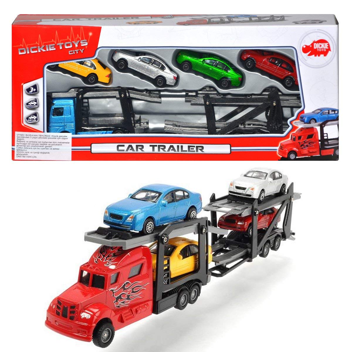 Dickie Toys 203745008 Car Carrier Transport for 3 Cars + 3 Toys 2 Different Models Length 28 cm for Children from 3 Years Multi-Coloured