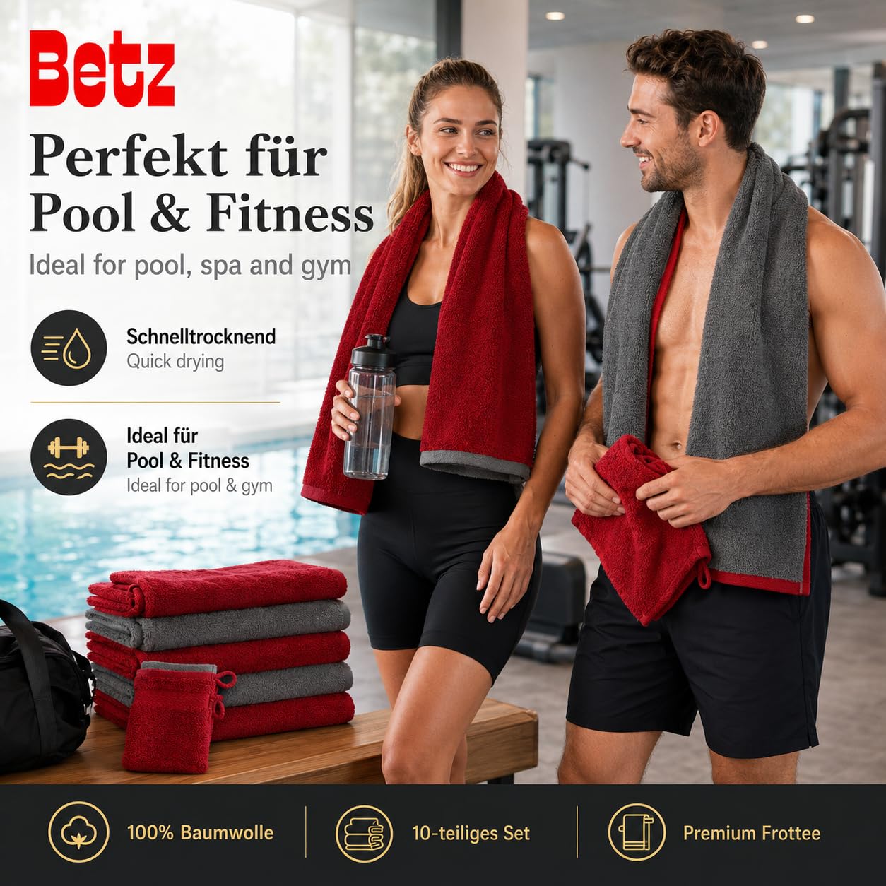 Betz 10-teiliges Premium Handtuchset - 100% Baumwolle Frottee - Saugstark & Hautsympathisch - 2X Duschtücher - 4X Handtücher - 2X Gästetücher - 2X Waschhandschuhe - Farbe Dunkelrot & Anthrazit