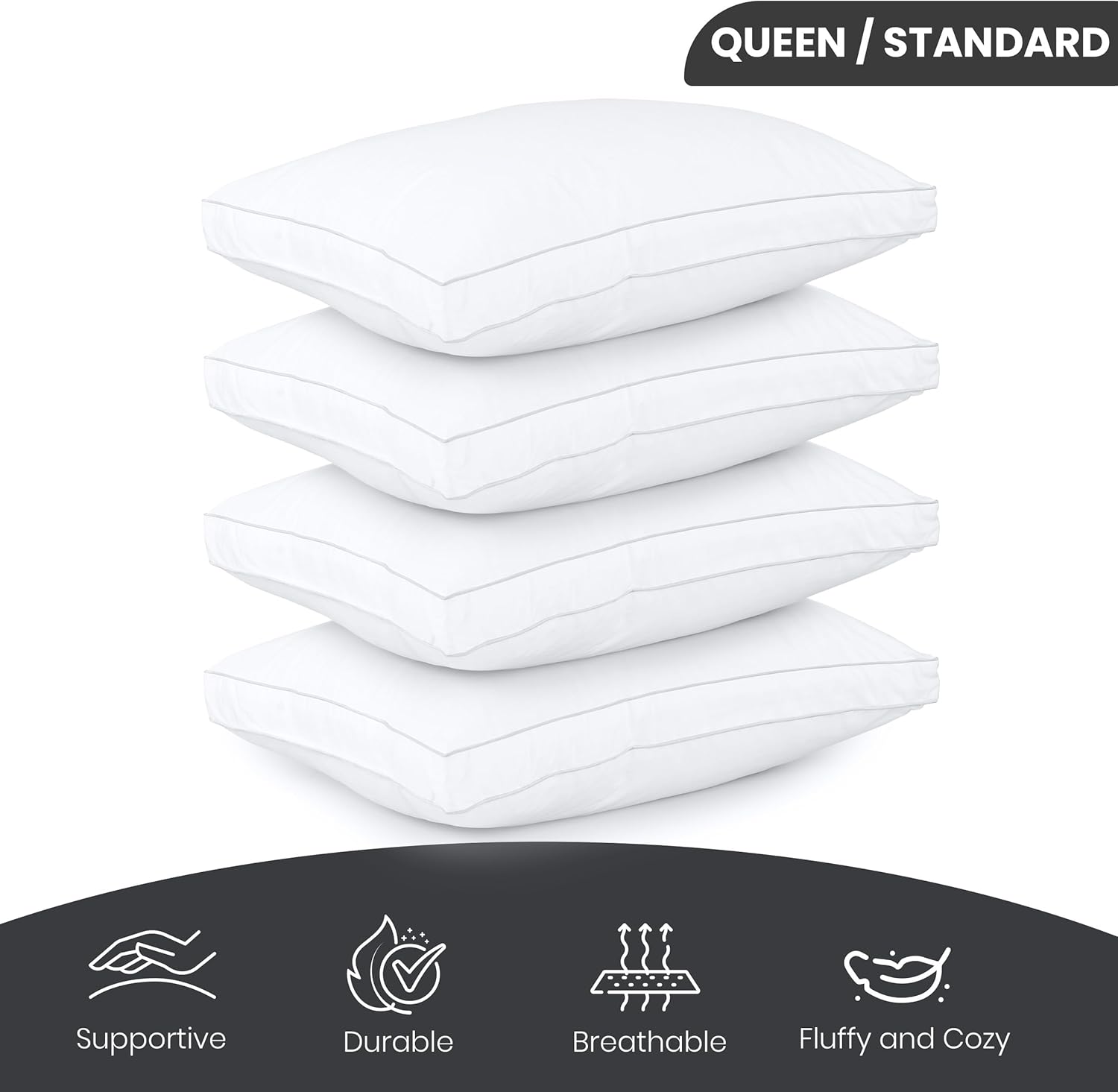 Utopia Bedding Bed Pillows for Sleeping Queen Size (White), Set of 4, Soft & Fluffy Pillow with Down Alternative Filling, Cooling, Hotel Quality, Gusseted Pillow for Back, Stomach or Side Sleepers