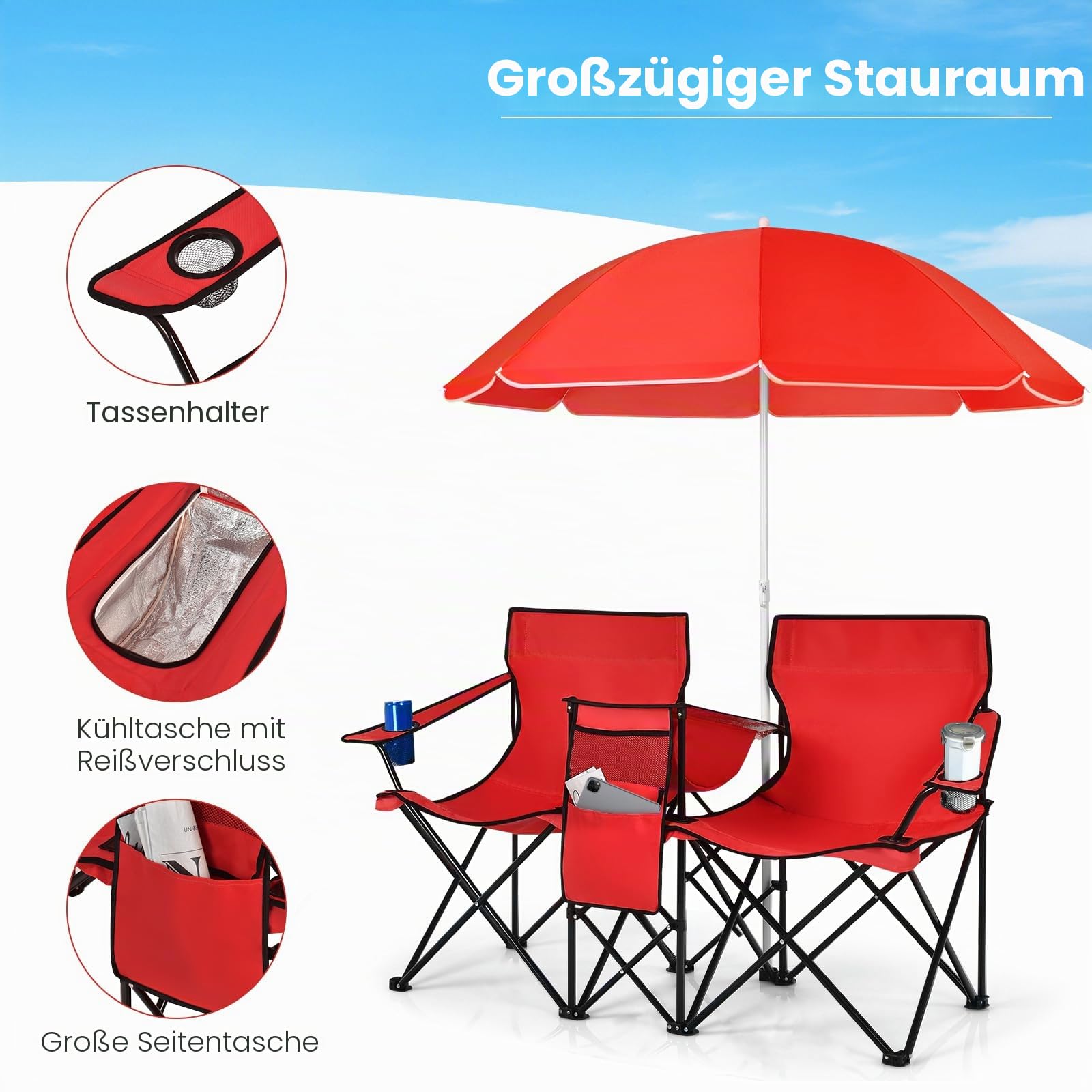 GIANTEX 2er Partner Campingstuhl mit Sonnenschirm, klappbarer Doppel Angelstuhl mit Getränkehalter & Kühltasche, Klappstuhl für 2 Personen, Anglerstuhl in Tasche, Faltstuhl Doppelsitzer