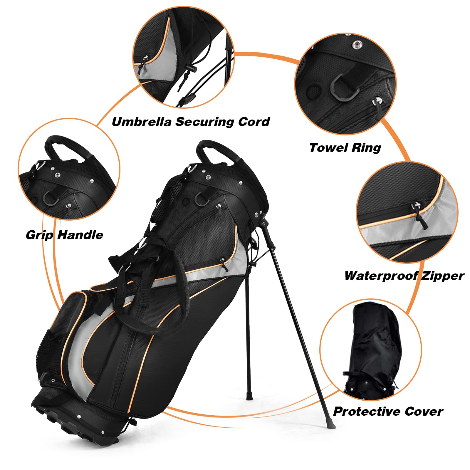 LIFEZEAL Sac Trépied de Golf avec 8 Compartiments, Sac en Nylon avec Support en Fer, Léger et Durable, Sac Portable pour Les Golfeurs de Tous Niveaux, 28 x 21 x 89,5 cm