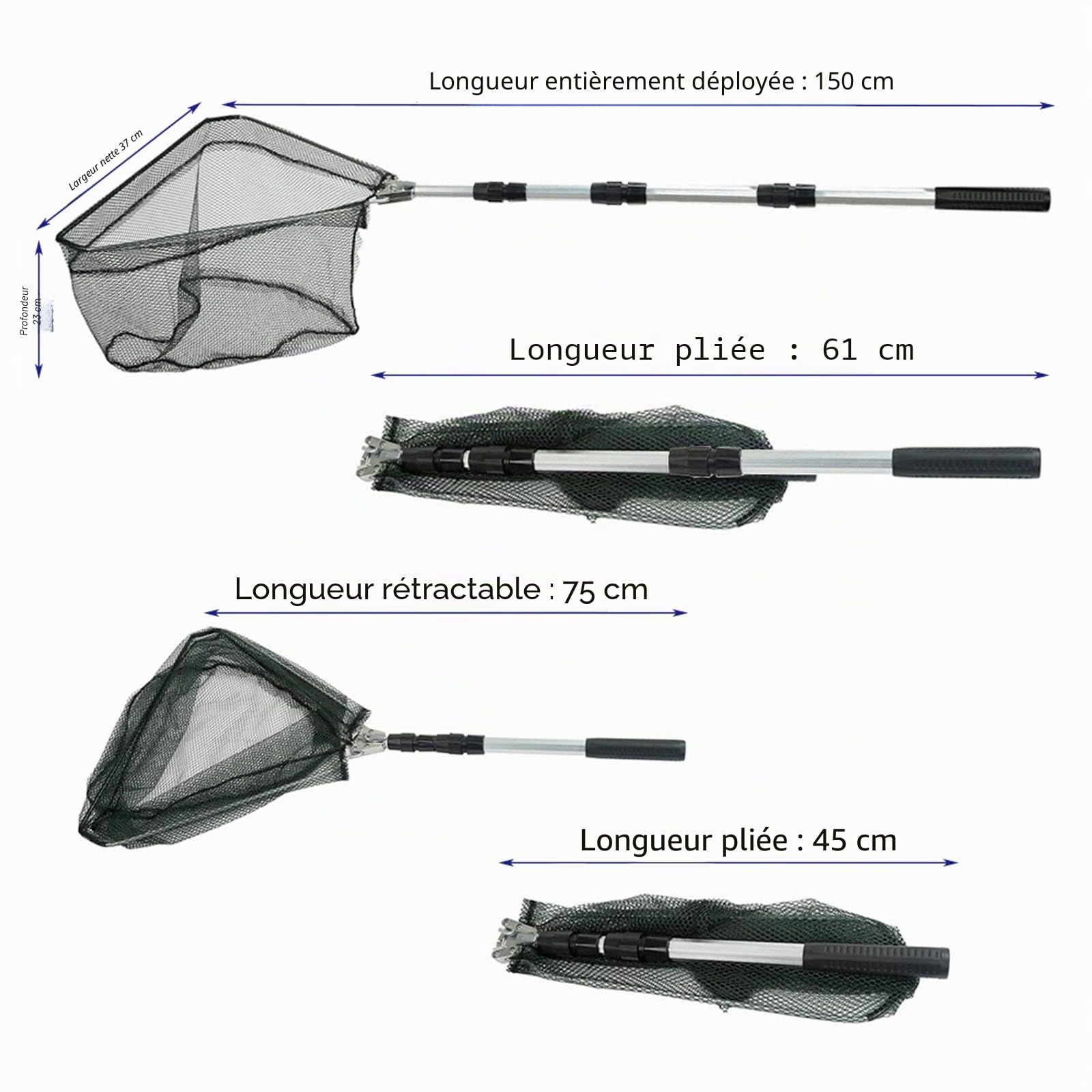 Épuisette de Pêche Pliable,190cm Long Manche Téléscopique,Poteau en Alliage d'Aluminium 4 Section/Filet Nylon Triangulaire,Extensible de 37 à 68 Pouces,pour Carpe Truite Crevette Etang Bassin Poisson