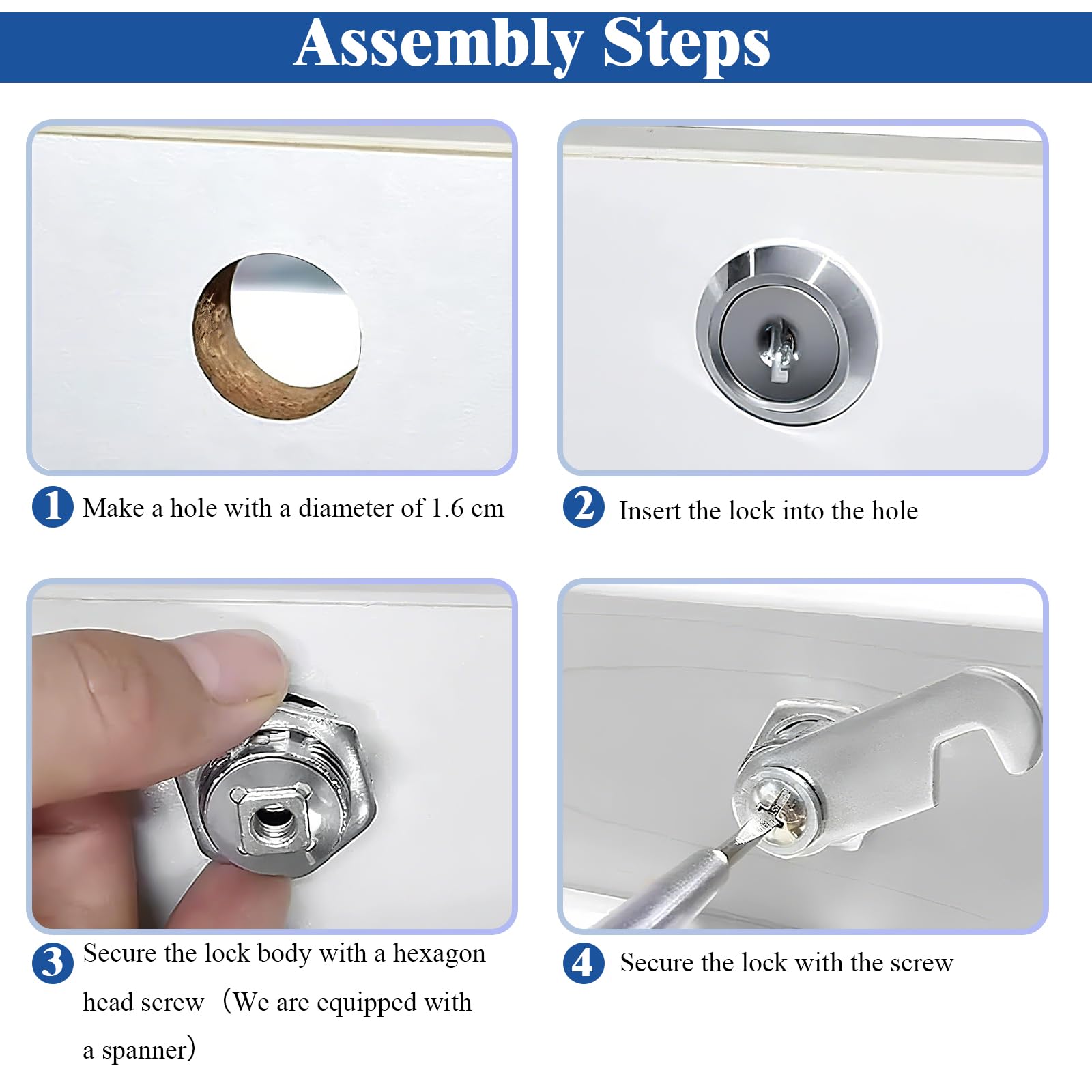 Cabinet Lock 20mm, Equipped with 5 Different Lock Plates, 5 Key Locker Locks, Cam Lock with Spanner and Screwdriver - Image 4