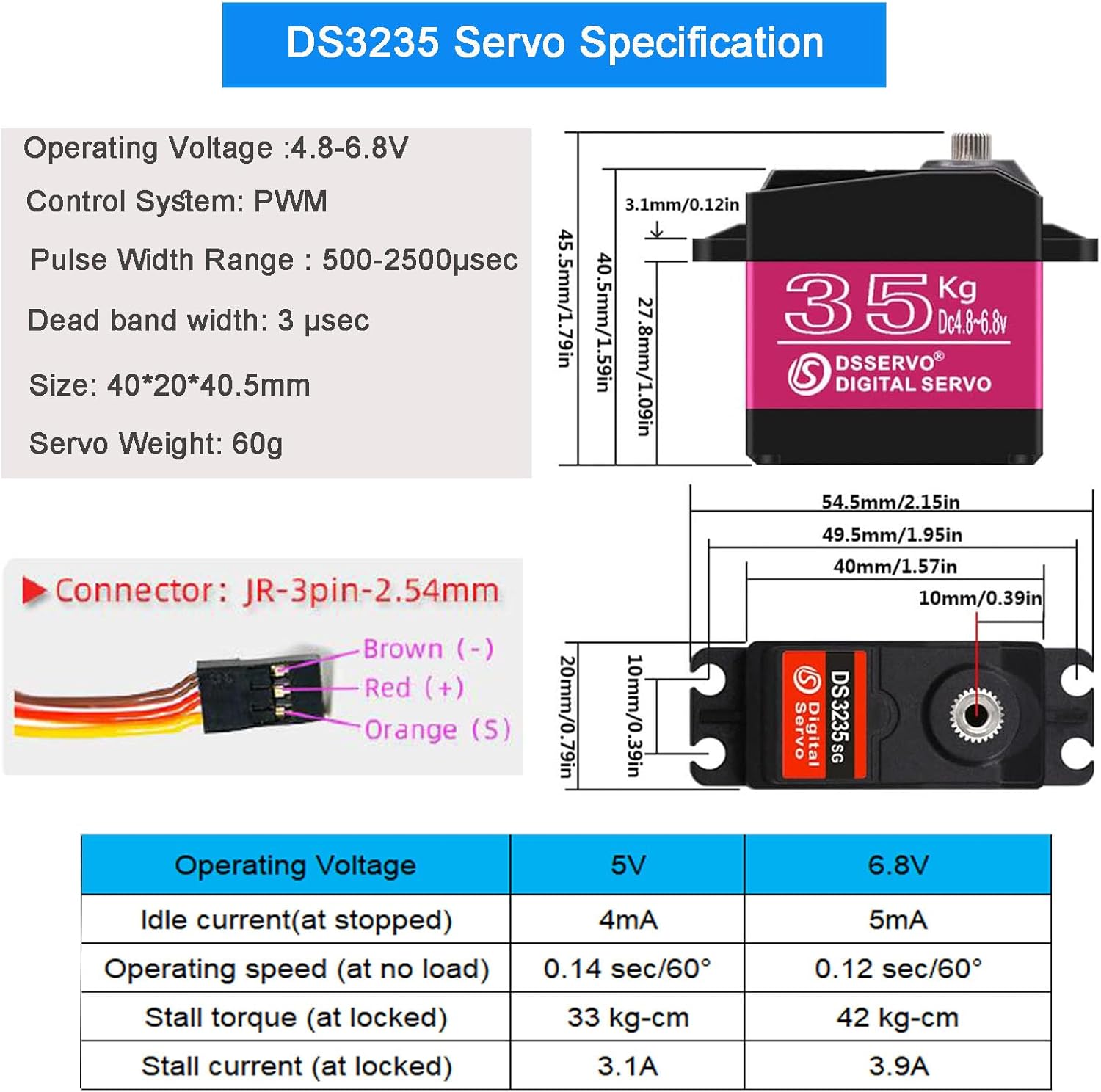 2Pcs 35KG Digital Servo 4.8-6.8V DS3235MG Stainless Steel Full Metal Gear High Torque Waterproof RC Servo for 1/8 1/10 Baja RC Car Rock Crawler Truck Buggy Airplane Boat Robotic Projects