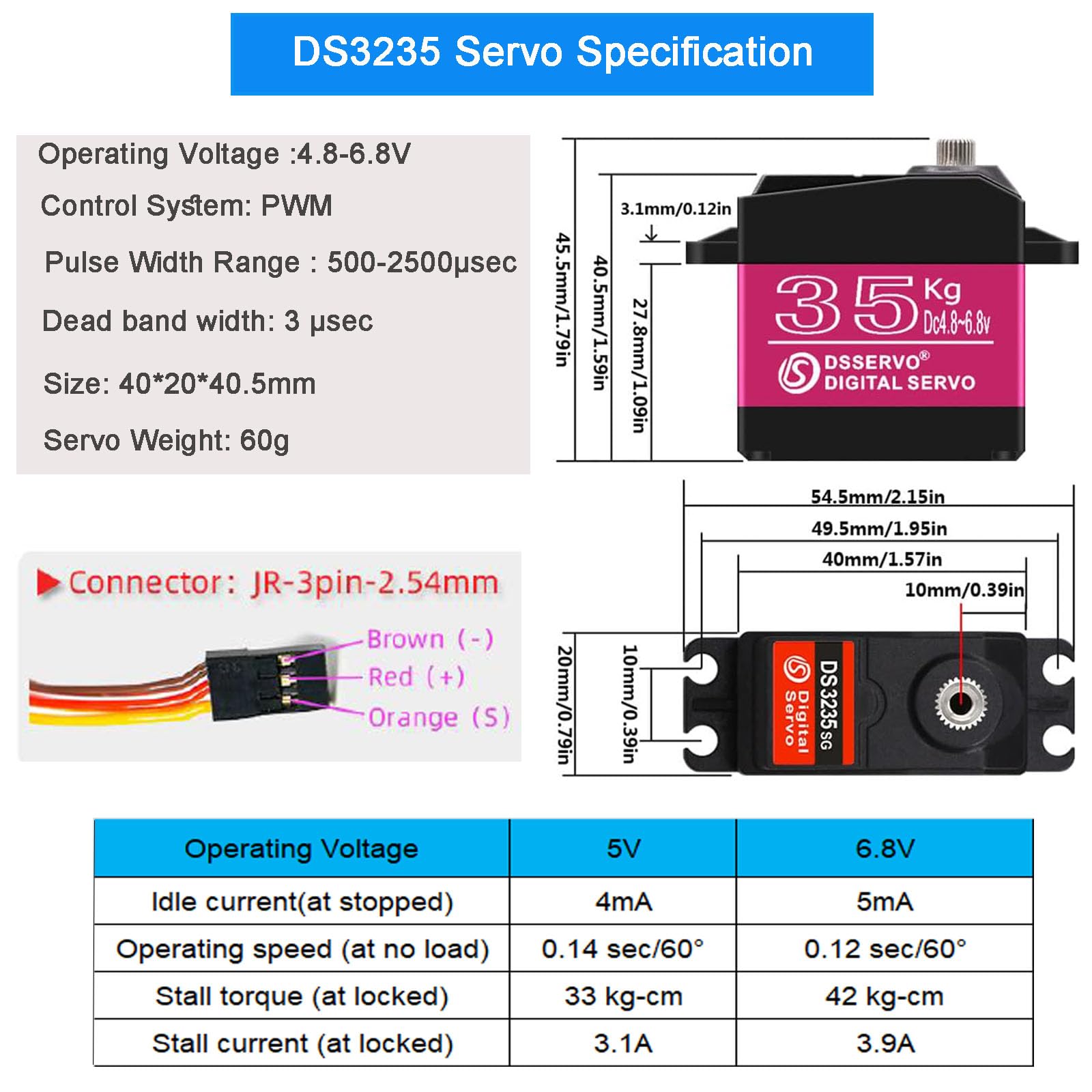 2 piezas de 35 kg servo digital 4.8-6.8V DS3235MG acero inoxidable engranaje de metal completo alto par impermeable RC Servo para 1/8 1/10 Baja RC coche Rock Crawler Truck Buggy avión barco
