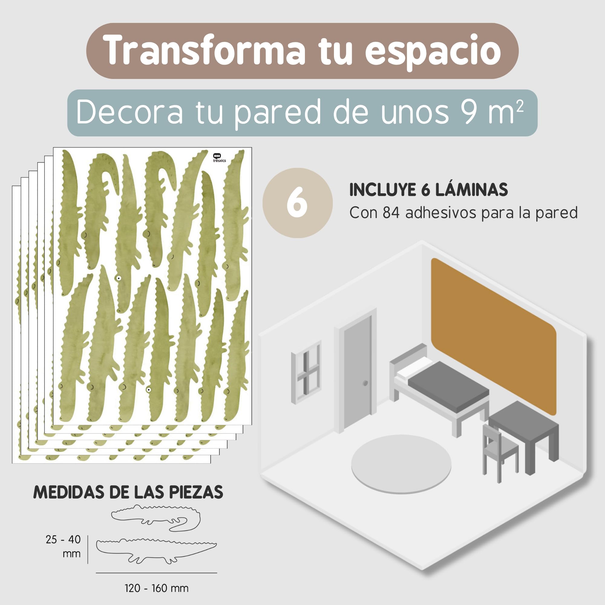 Pegatinas Pared Decorativas Infantiles Cocodrilo | 6 Láminas, 84 Cocodrilos Adhesivos | Vinilo Adhesivo Pared | Efecto Papel Pintado | Cubre 9 m² | TRESXICS (Caqui)