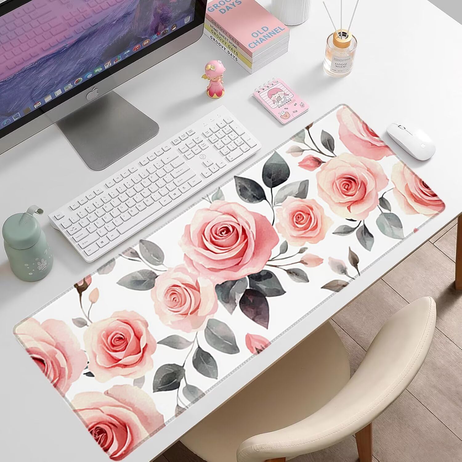Podkładka pod mysz XXL Flower - 1400x600x3mm - Biała duża mata na biurko z przeszytymi krawędziami i antypoślizgowa wodoodporna do komputera, laptopa poprawia precyzję i szybkość. -35518