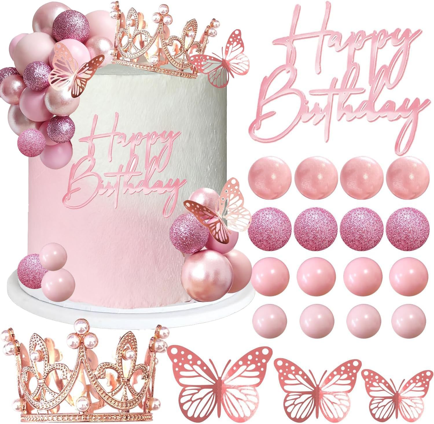 Crown Cake Toppers Butterfly Cake Decorations Balls Cupcake Toppers Happy Birthday for Birthday Wedding Baby Shower Party Decorations (Rose Gold Butterfly-Glitter Pink Ball)
