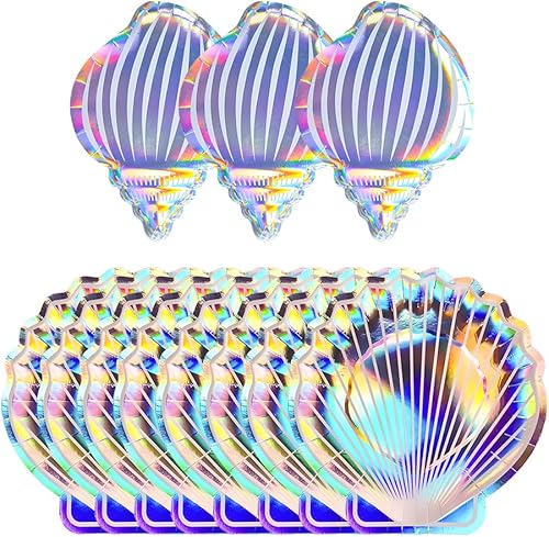 Miniatura 8 de Vasos de papel de conchas marinas, suministros de fiesta de sirena, vajilla desechable con purpurina iridiscente del mundo oceánico para bodas,
