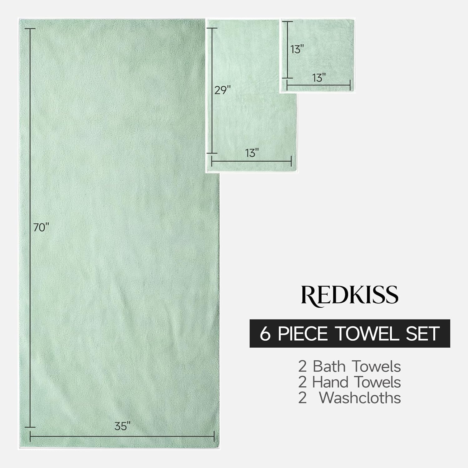 redkiss ultra soft bath towel set of 6 - oversized bath sheets (70 x35 in), 670gsm highly absorbent, quick dry green towel sets for bathroom, spa, hotel, gym