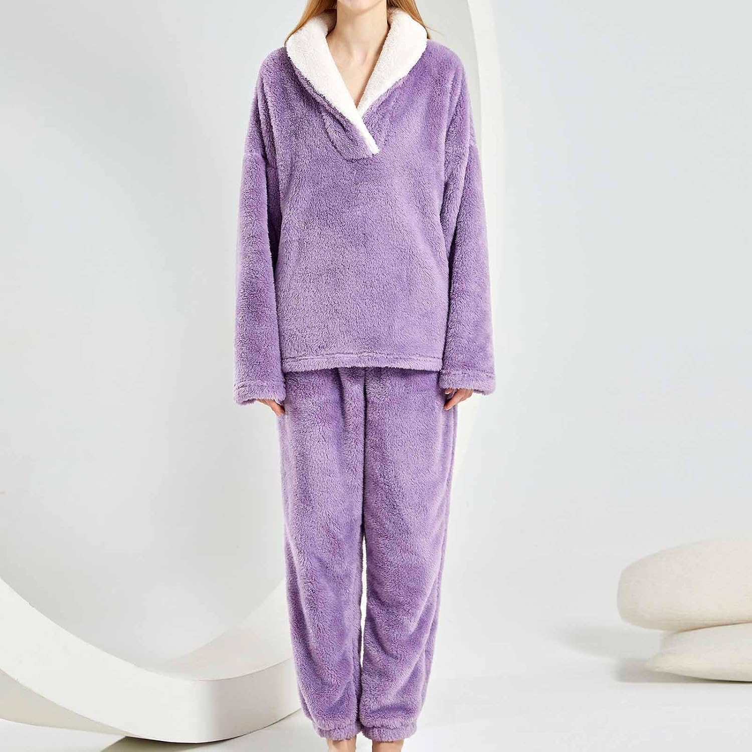 Mzkdieey Women' s Fluffy Pajamas Set Fuzzy Fleece Pullover 2 Piece Pjs Set Soft Plush Sleepwear Winter Warm Loungewear