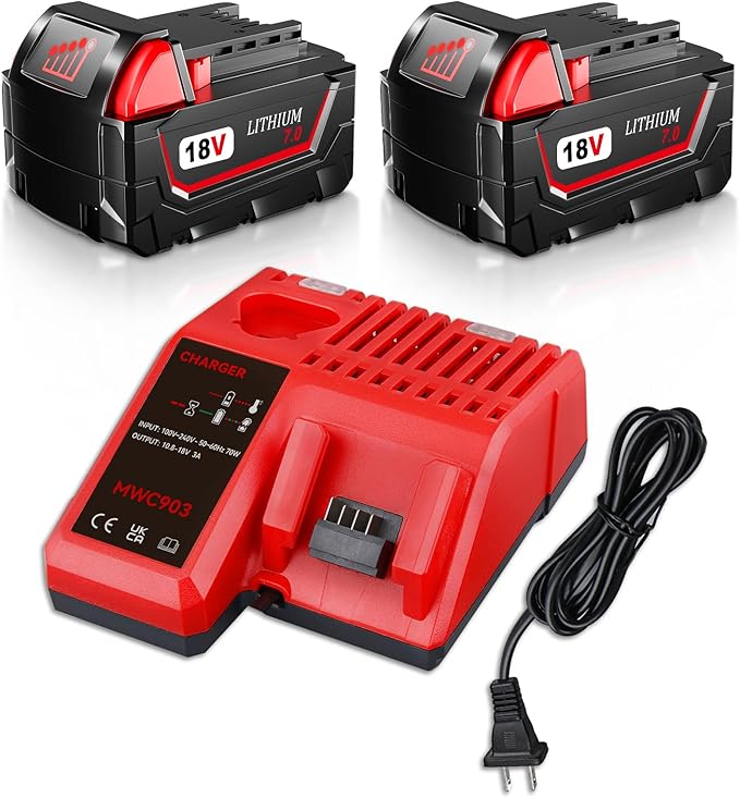 2-Pack 18V 7.0Ah Replacement for Milwaukee 18V Battery and Charger(red) Combo Compatible with Milwaukee Battery 48-11-1865 48-11-1850 48-11-1862 Cordless Power Tools