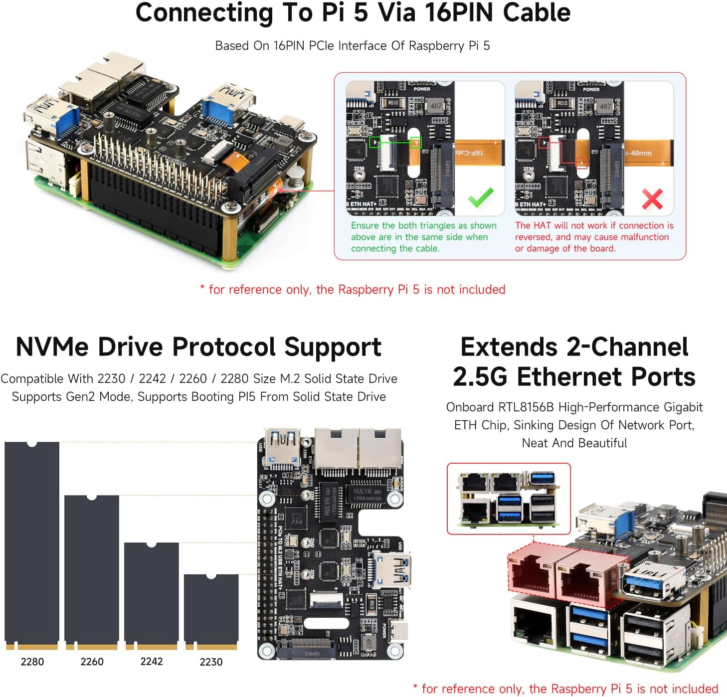 Waveshare PCIe to USB 3.2 Gen1 / 2.5G ETH/M.2 NVMe Adapter, Compatible with Raspberry Pi 5, Supports NVMe Protocol M.2 Solid State Drive, Expands 2-ch USB 3.2 Ports and 2-ch Ethernet Ports, HAT +