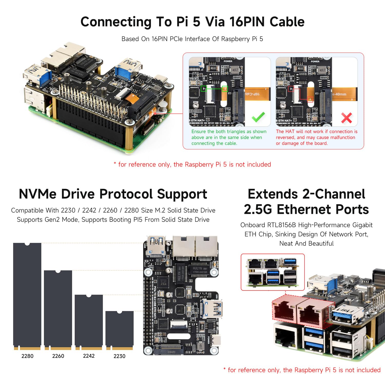 Waveshare PCIe to USB 3.2 Gen1 / 2.5G ETH/M.2 NVMe Adapter, Compatible with Raspberry Pi 5, Supports NVMe Protocol M.2 Solid State Drive, Expands 2-ch USB 3.2 Ports and 2-ch Ethernet Ports, Hat +