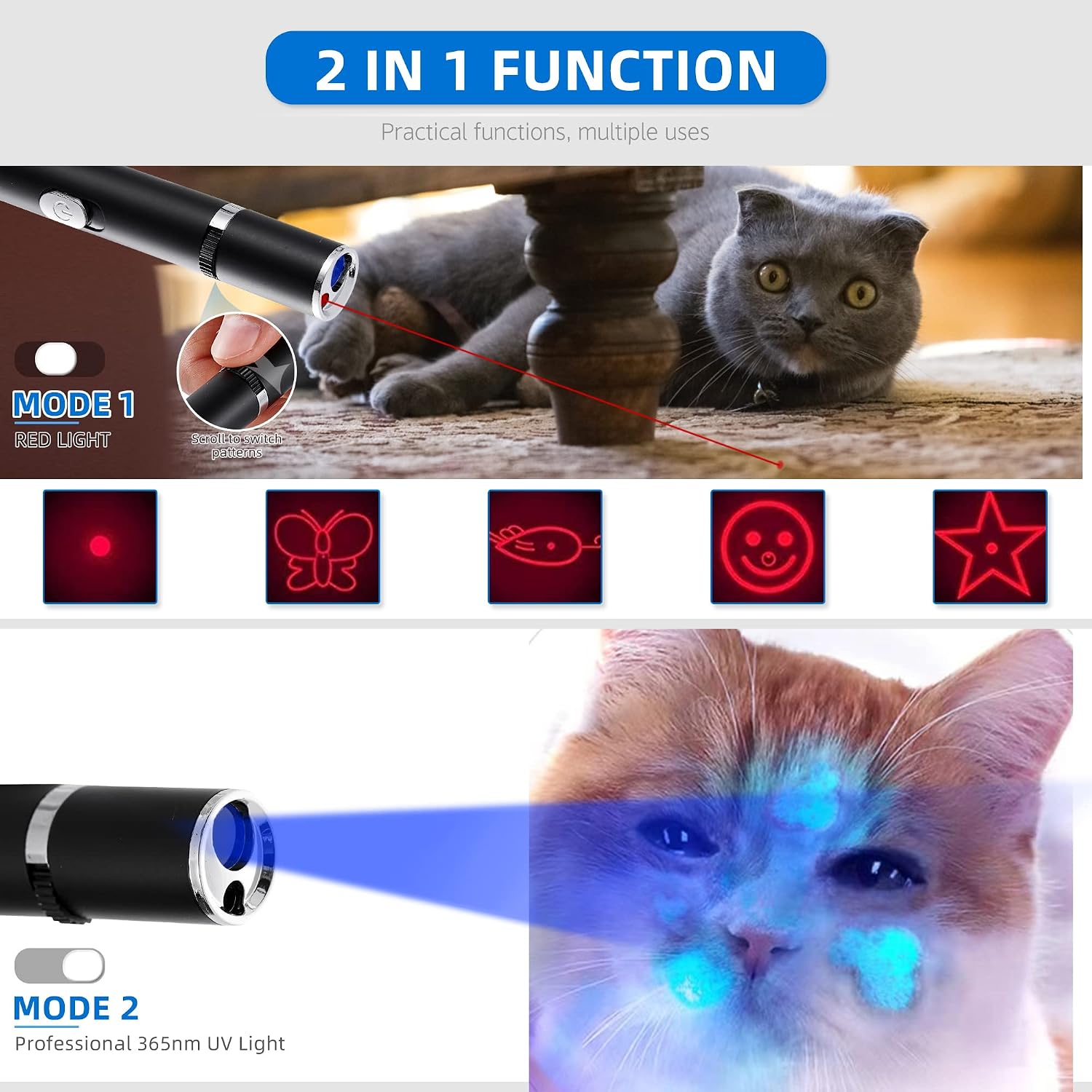 Interactive Cat Dog Toy and Mini UV Flashlight Black Light Rechargeable,2 in 1 Function,365 nM Ultraviolet Blacklight Detector for Pet Stains and Bed Bug, Pet Home Essentials