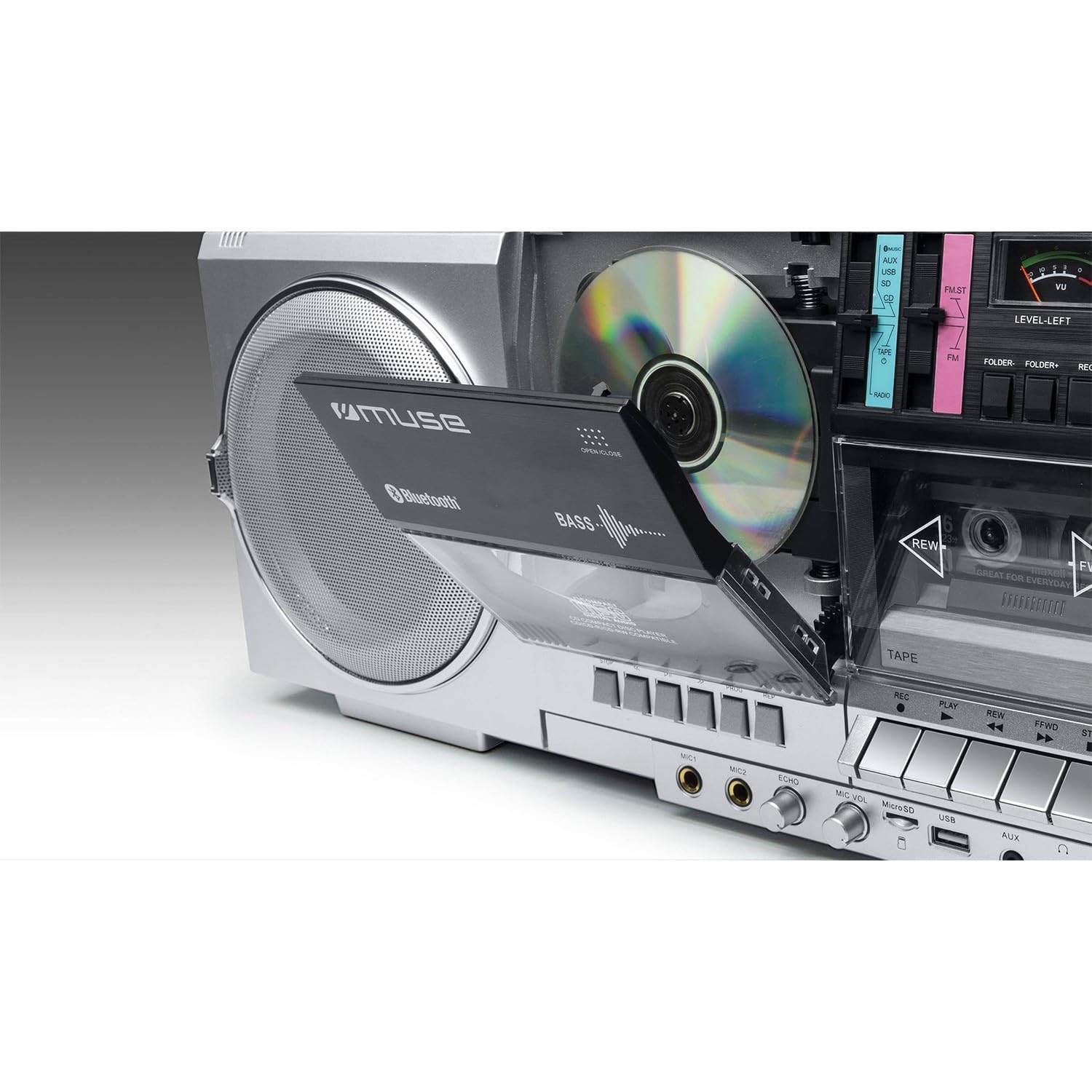 Bmi Enceinte Portable HiFi Muse M-380 GBS Ghetto Blaster Enregistreur de Cassette CD Radio FM Bluetooth - 80W - Écran LCD