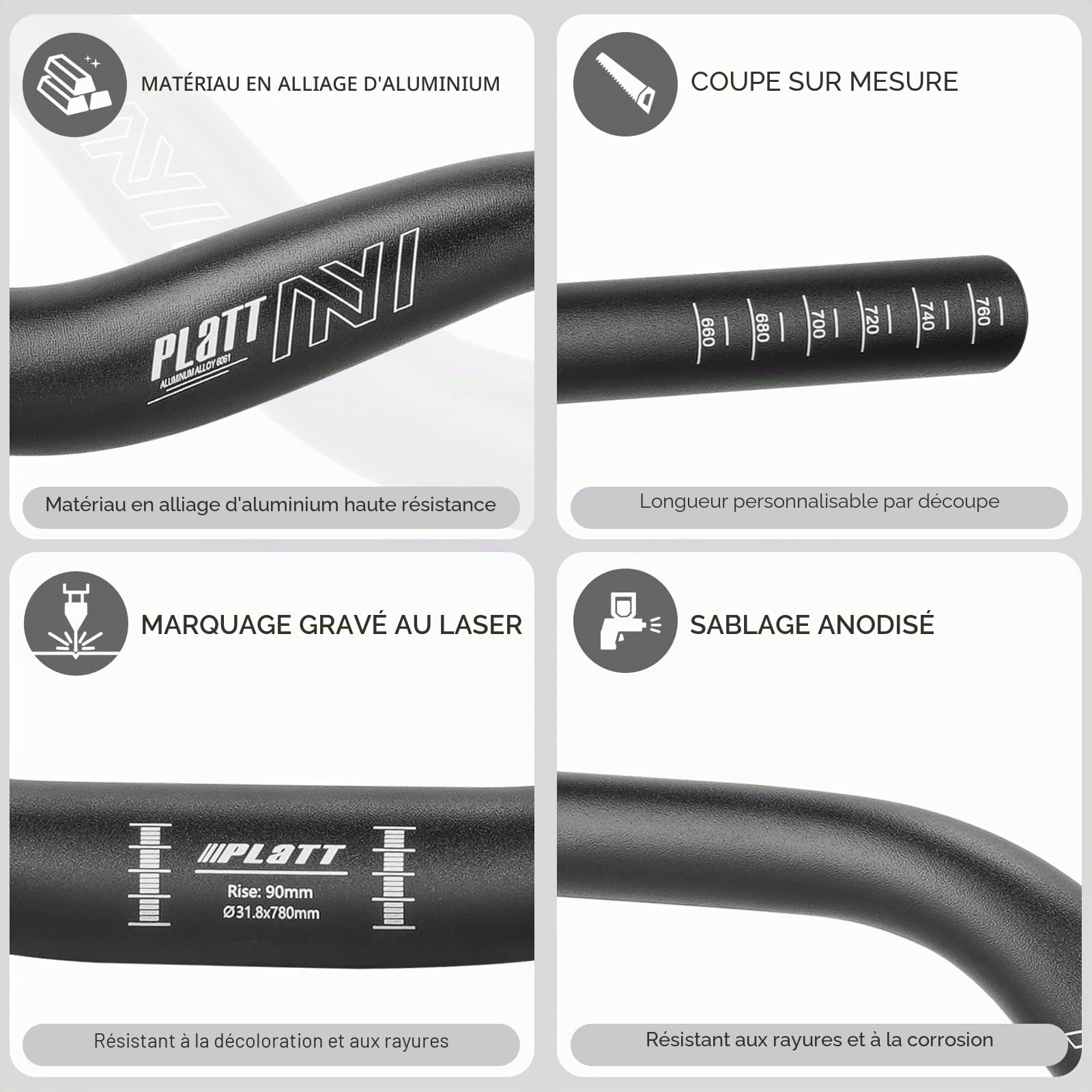 PLATT Guidon de vélo 31.8mm- Aluminium Alliage Relevé Guidon Cintre VTT et Véhicules de montagne de 780mm (élévation de 70mm)