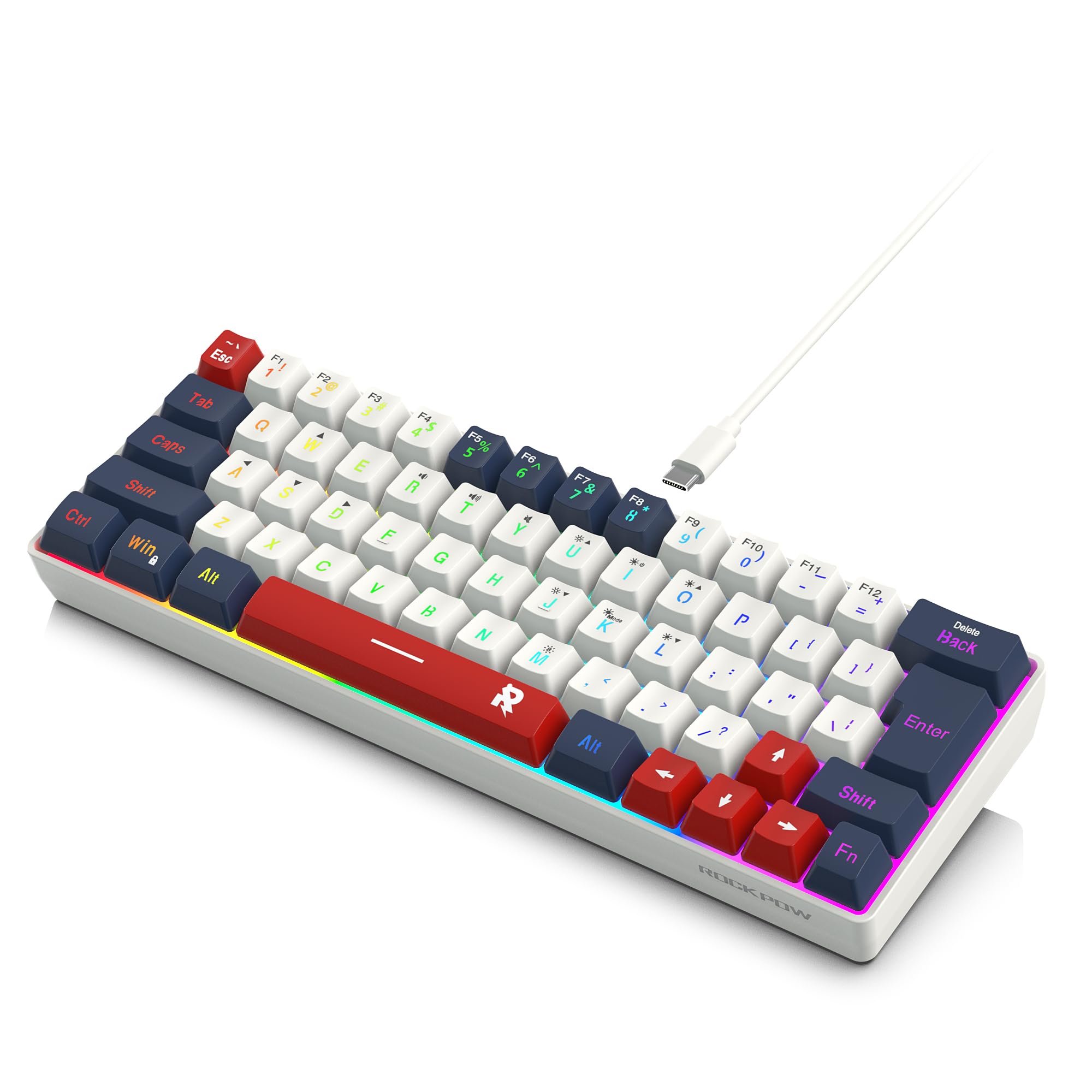 ROCK POW 60% Wired Gaming Keyboard, RGB Backlit Ultra-Compact Mini Keyboard, Waterproof Small Compact 63 Keys Keyboard for PC/Mac Gamer, Typist, Travel, Easy to Carry on Business Trip BWR