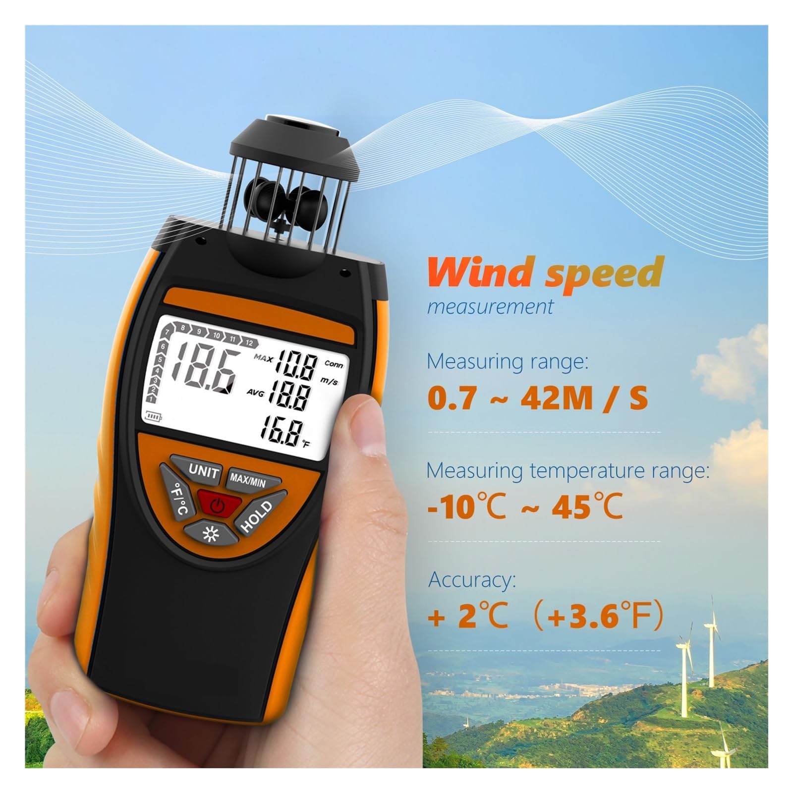 Anemómetro De Copa De Viento De Mano 6 Unidades Ajustables Con Pantalla De Retroiluminación De Medición De Temperatura(Blue)