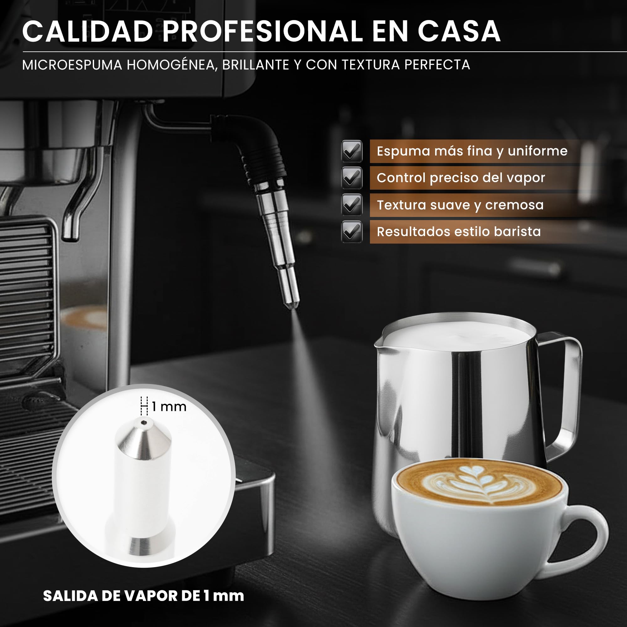 Boquilla Espumadora 1mm para De’Longhi Dedica EC680 EC685 y EM450.M | Boquilla de Vapor Acero Inoxidable para Cafetera Espresso | Upgrade Latte Art