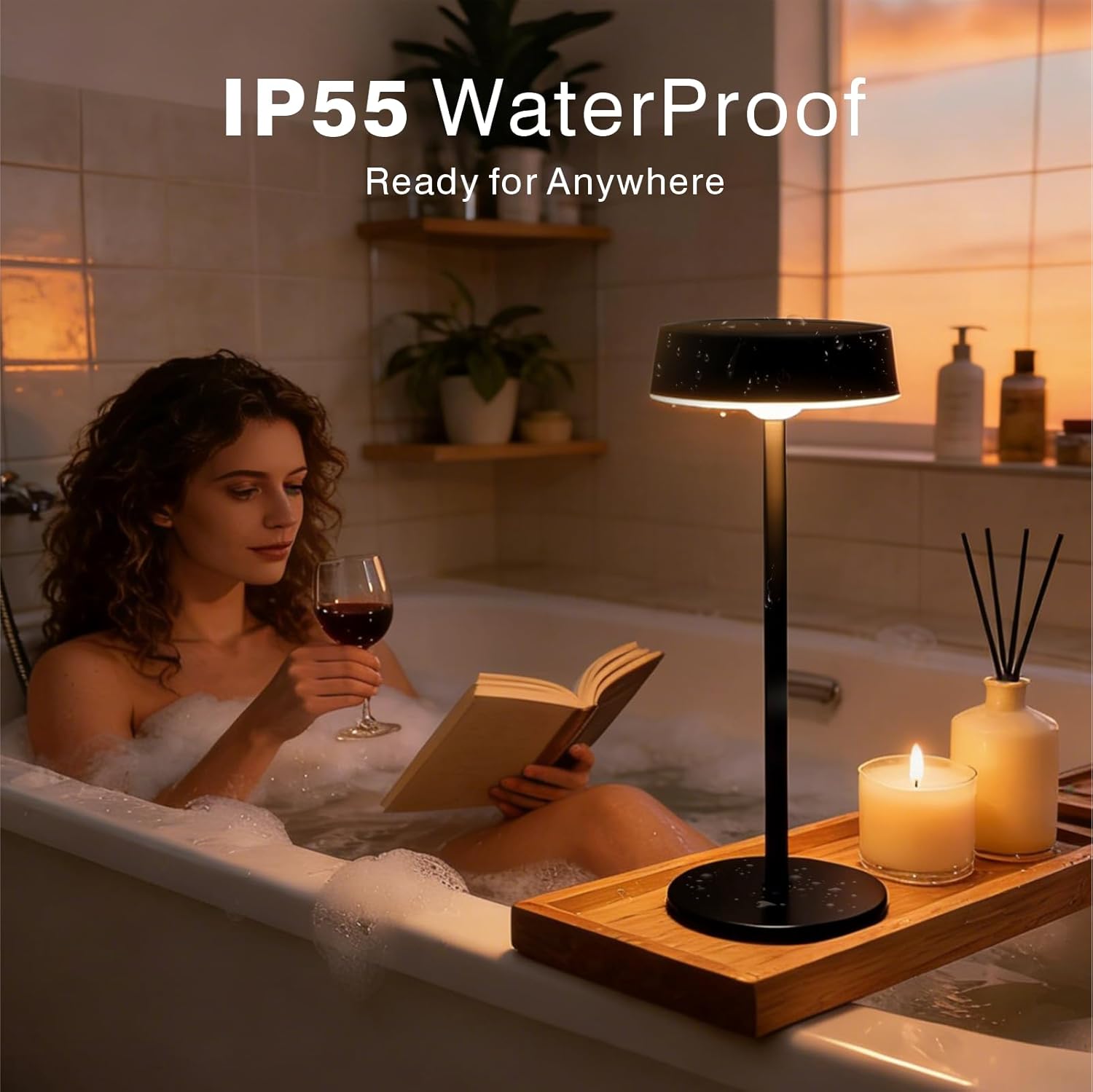 Solar Table Lamp, Waterproof Shower Lamp with 3 Color Dimmable, Rechargeable LED Lamp for Outdoor, Patio, Bedroom, Garden, Camping, Bathroom, (Black)