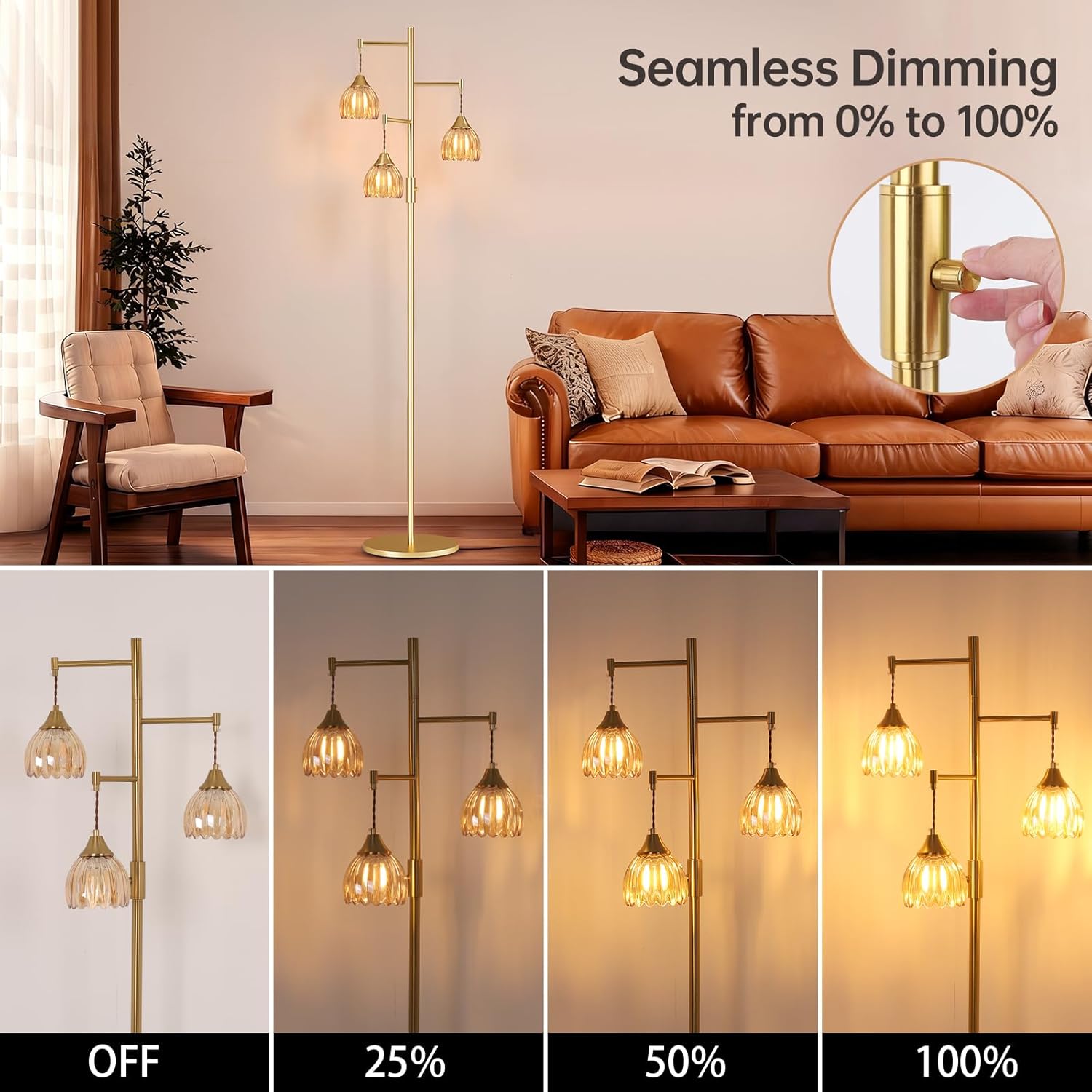 Stepless Dimming Floor Lamps for Living Room, Bedroom, Gold Standing Lamp with 3pcs 6W Bulbs, Vintage Brass Floor Lamp for Corner, Nursery (Amber Tulip)