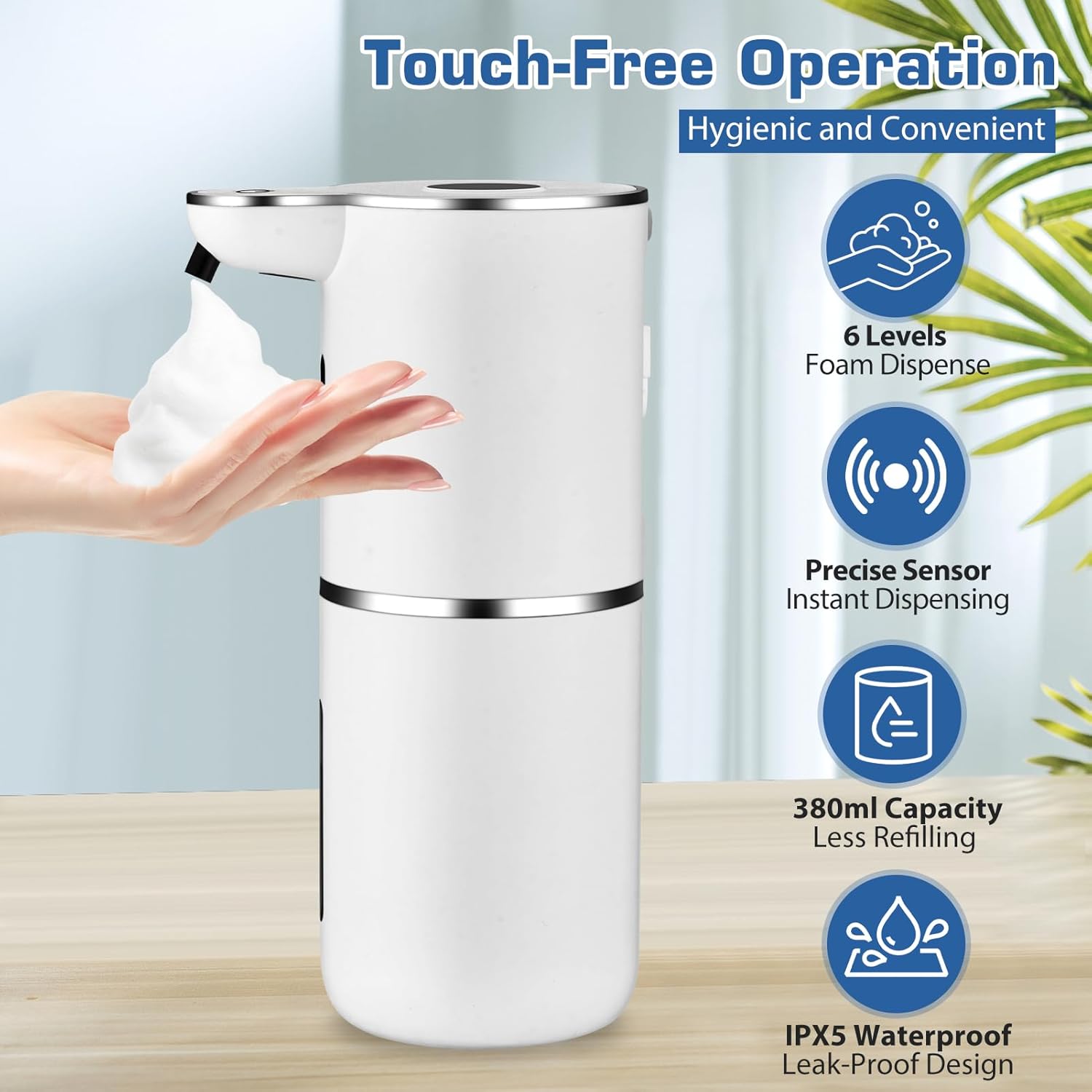 Automatic Foaming Soap Dispenser, LED Display Touchless Foam Hand Soap Dispenser for Bathroom Countertop, Kitchen, 6-Level Adjustable,380ML, Rechargeable(White) - Image 3