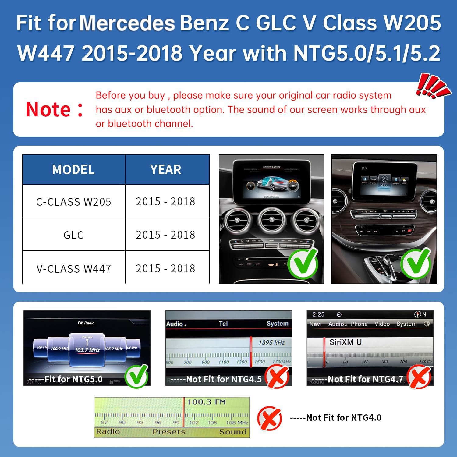 Road Top CarPlay Car Radio Coche, 12,3 Pulgadas Pantalla Táctil de para Mercedes Benz C GLC V Klasse W205 mit NTG 5.0 2015-2018 Jahr, Estéreo de Coche con Bisel Estrecho para CarPlay/Android Auto