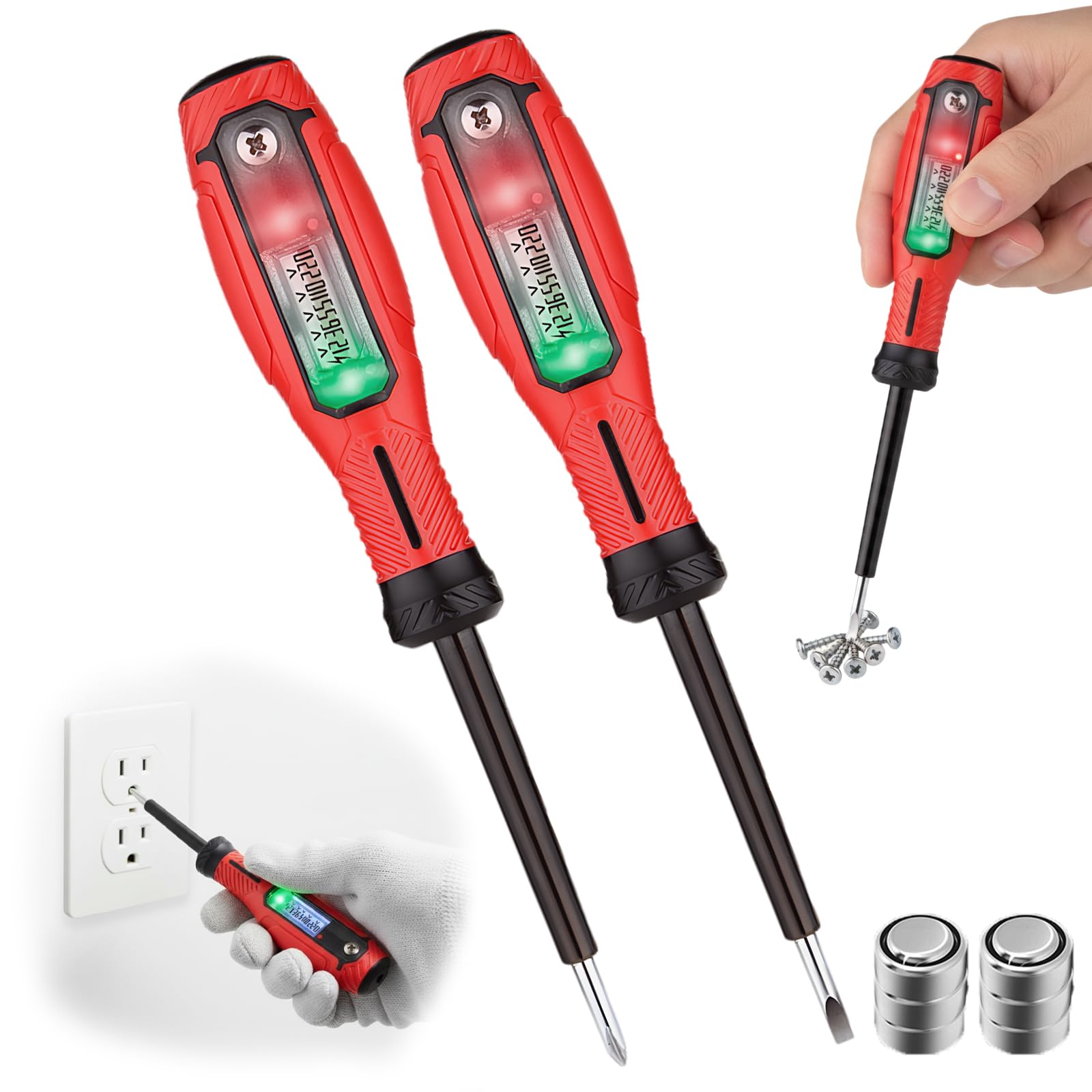 2 Pezzi Cercafase Professionale Cerca fase Senza Contatto con Display LCD, Cacciavite Cercafase 2 in 1, Punta Cacciavite Magnetico, Allarme Acustico Elettricisti, Penna Tester di Tensione e Corrente