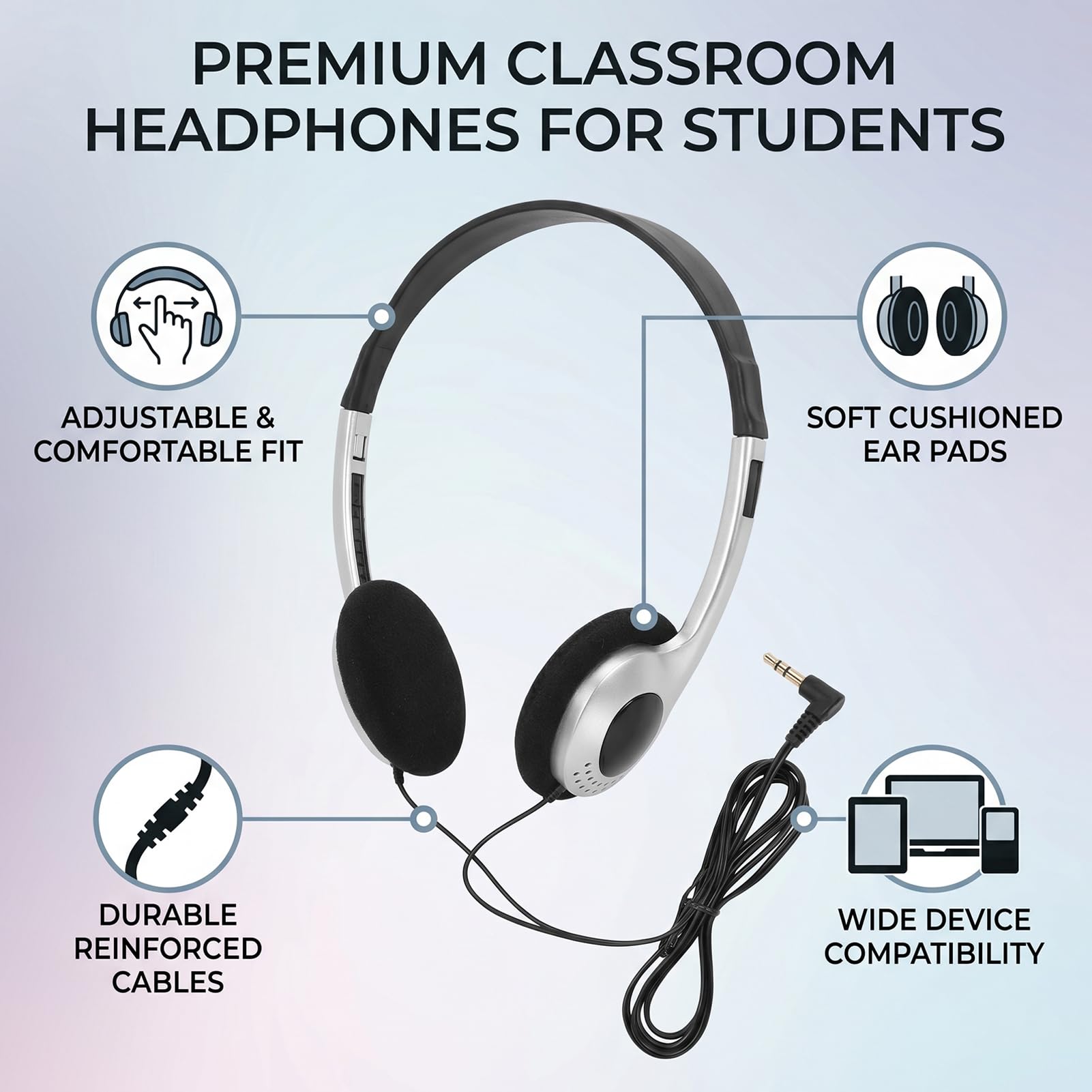 Fockety Confezione da 10 Cuffie Cablate per Studenti delle Classi Scolastiche, Set di Cuffie On-ear per Lezioni All'ingrosso con Jack da 3,5 Mm, Archetto Regolabile, per Bambini