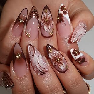 Ceboic 24 Stück Mandel Press on Nails Mittel, 3D Blumen Nägel zum Aufkleben mit Gold Strasssteine und Perlen, Braun Farbverlauf Glänzend Künstliche Nägel Acryl Falsche Nägel für Damen Nail Art