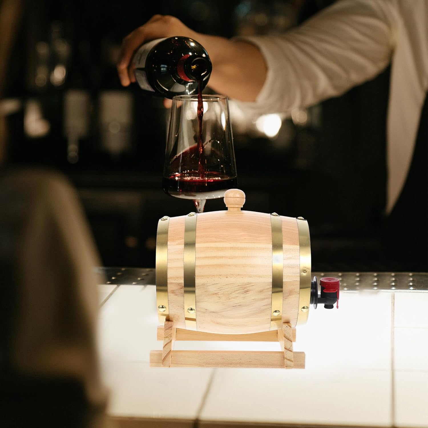 Wooden Wine Barrel Spigot and Stand, Mini Aging Barrel for Whiskey, Beer, Wine Storage