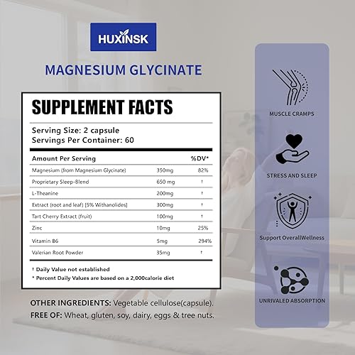 Miniatura 4 de Cápsulas de glicinato de magnesio de 300 mg por porción, 120 cápsulas. Promueve el sueño y mejora la calidad del sueño, alivia la ansiedad y calma