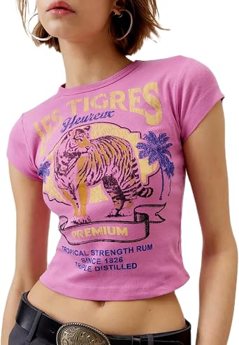 Graphic Baby Tees for Women Y2k Short Sleeve Floral Print Crop Tops Vintage Aesthetic Summer Teens Girl T-Shirt