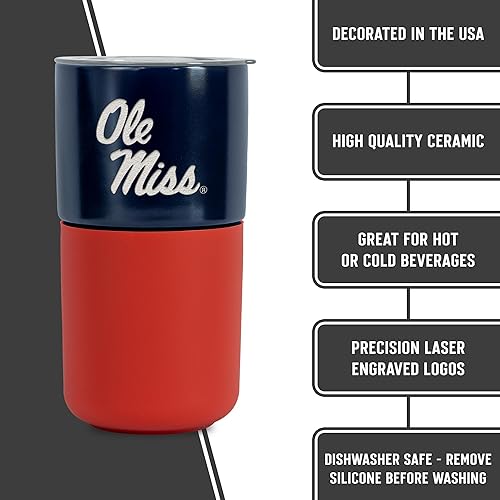Miniatura 284 de Rico Industries NCAA Miami of Ohio Redhawks - Vaso de cerámica de 16 onzas con agarre de silicona, grabado láser profundo, diseño de color negro