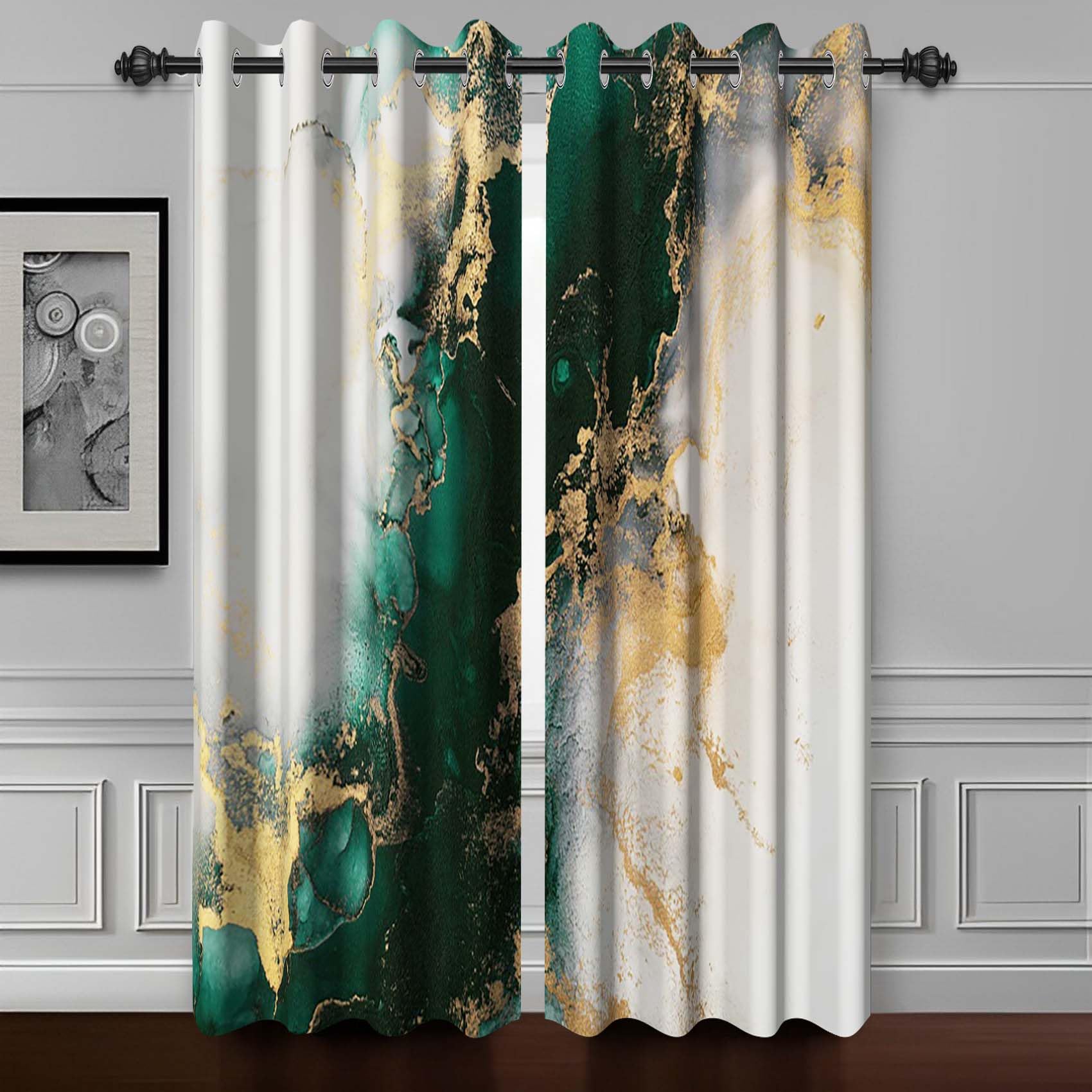Baocicco Green Gold Marble Window Curtains for Bedroom Art Fluid Golden Texture Marble Window Drapes for Living Room Modern Luxury Gold Crack Design