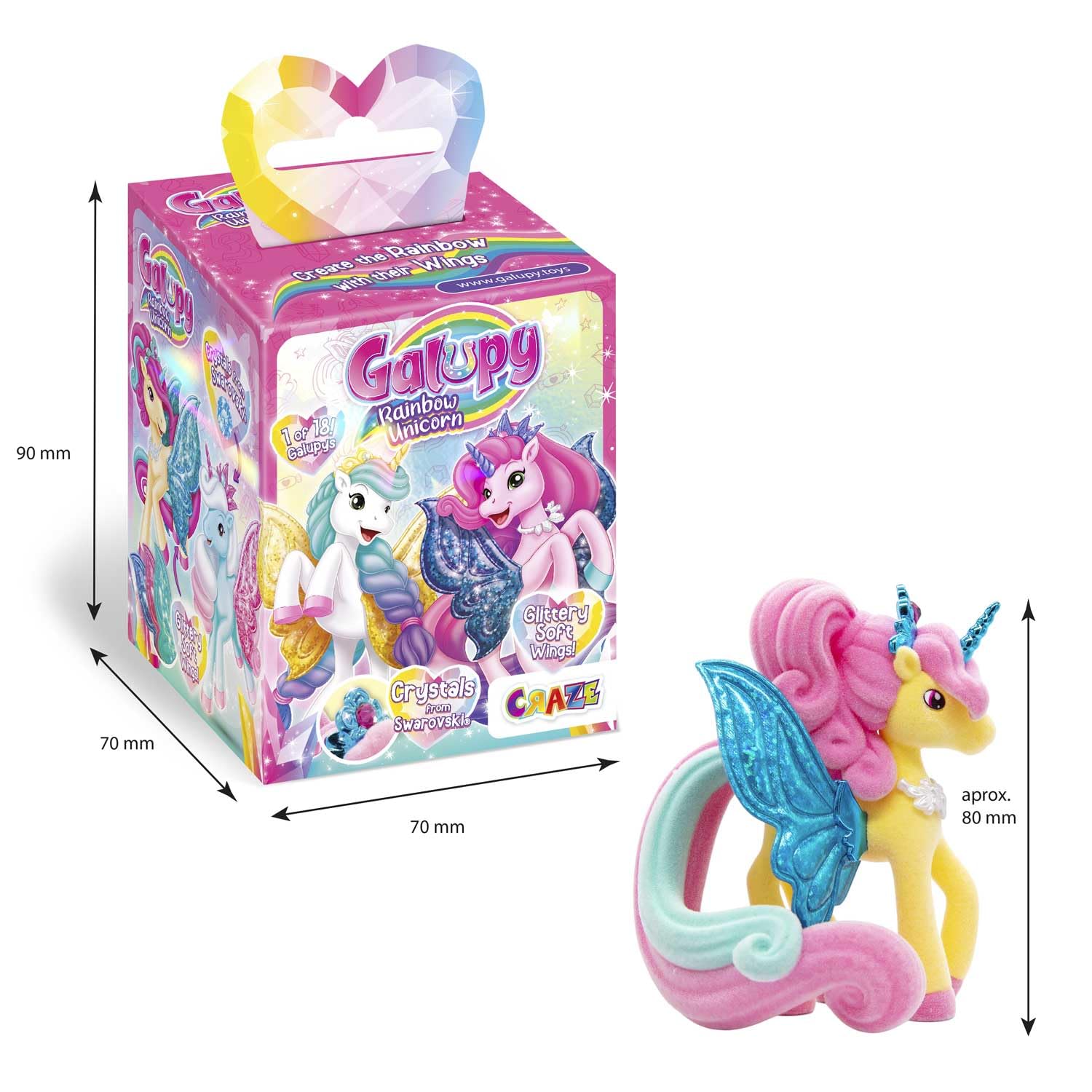 Galupy Unicorn Rainbow zestaw 16 sztuk – zabawka z jednorożcem do kolekcjonowania, figurki jednorożca z błyszczącymi skrzydłami i kryształem Swarovskiego