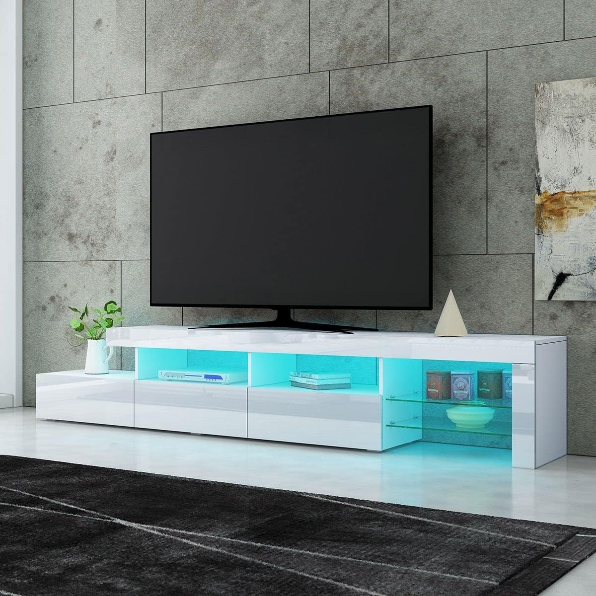 Luxsuite TV Stand TV Unit Table Entertainment 3 Drawers Storage High Gloss Front LED